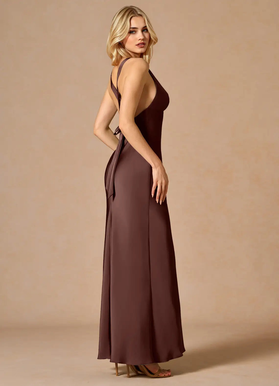 Chocolate Deep V Criss Cross Tie Back Mermaid Maxi Wedding Guest Dress