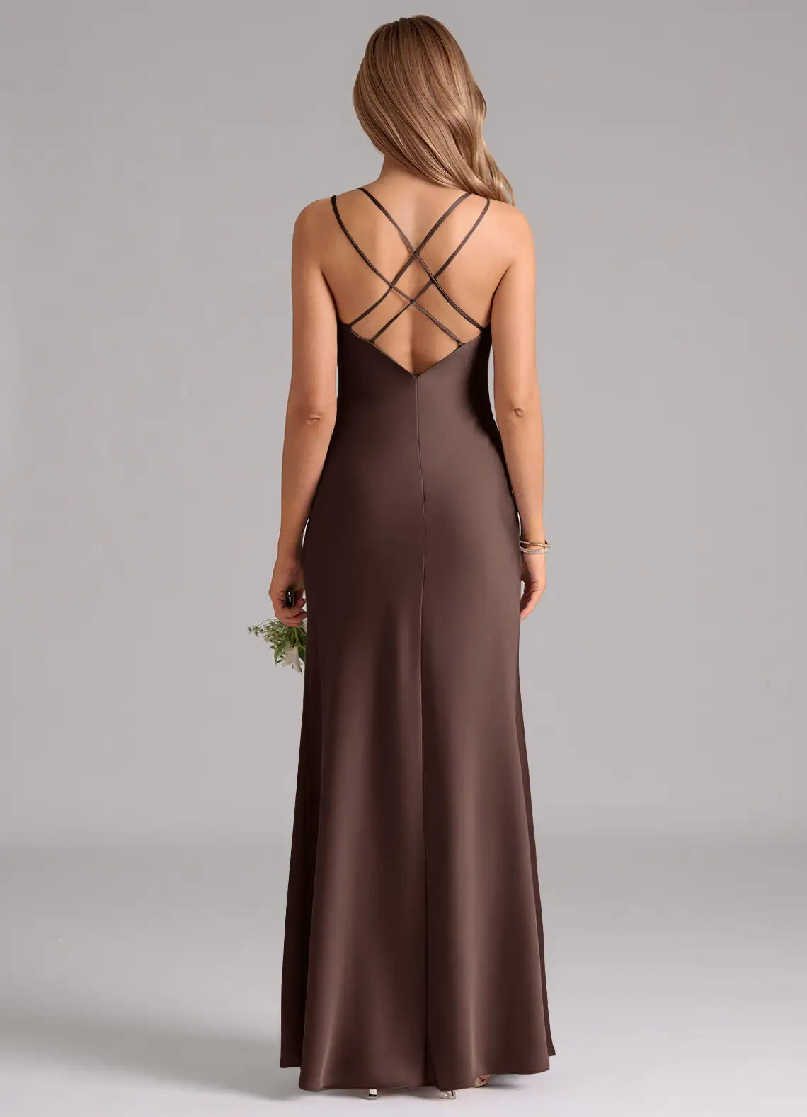 Chocolate Double Strap V Neck Criss Cross Back Mermaid Maxi Satin Bridesmaid Dress