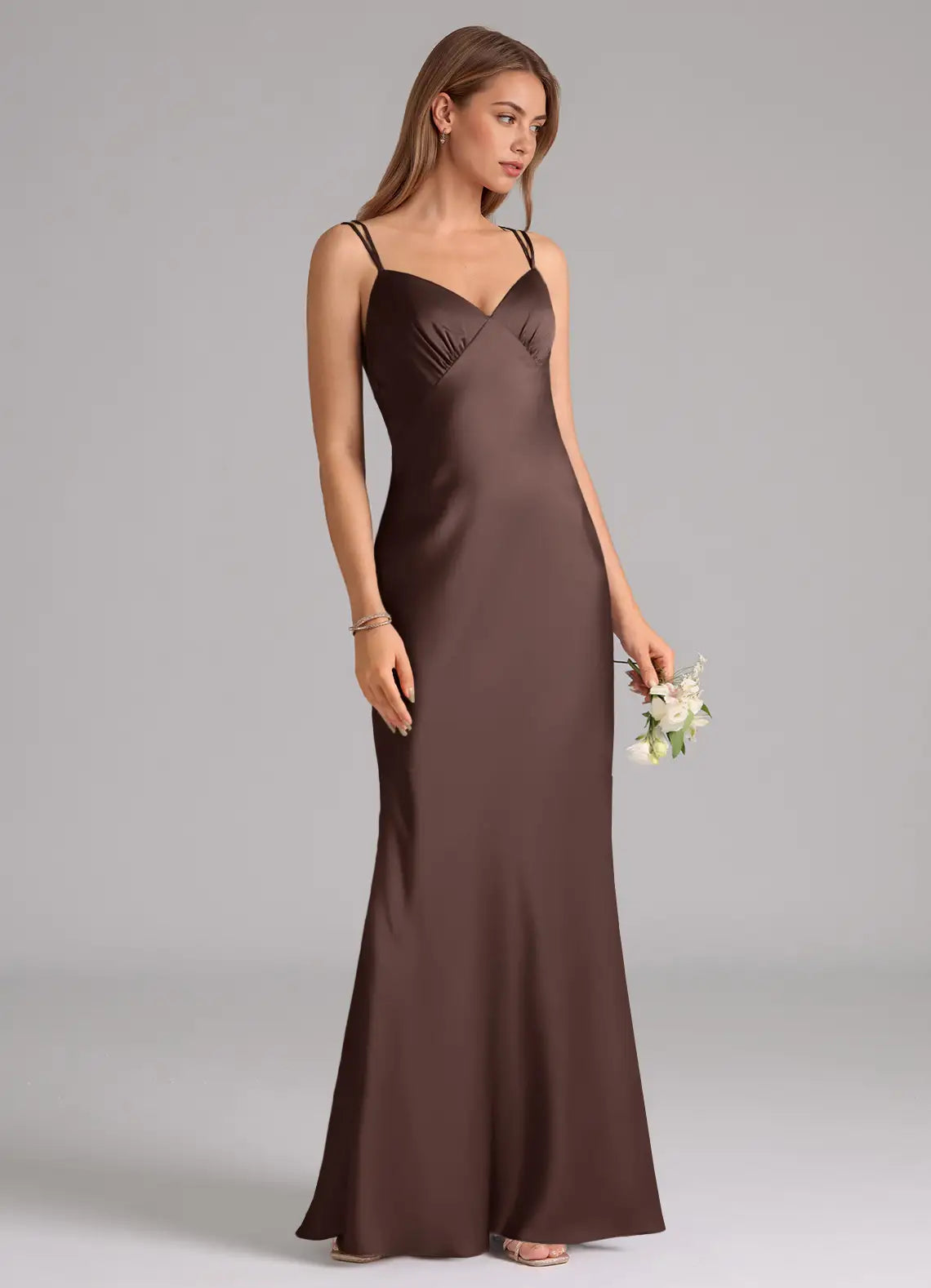 Chocolate Double Strap V Neck Criss Cross Back Mermaid Maxi Satin Bridesmaid Dress
