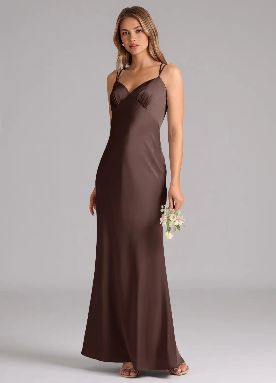 Chocolate Double Strap V Neck Criss Cross Back Mermaid Maxi Satin Bridesmaid Dress