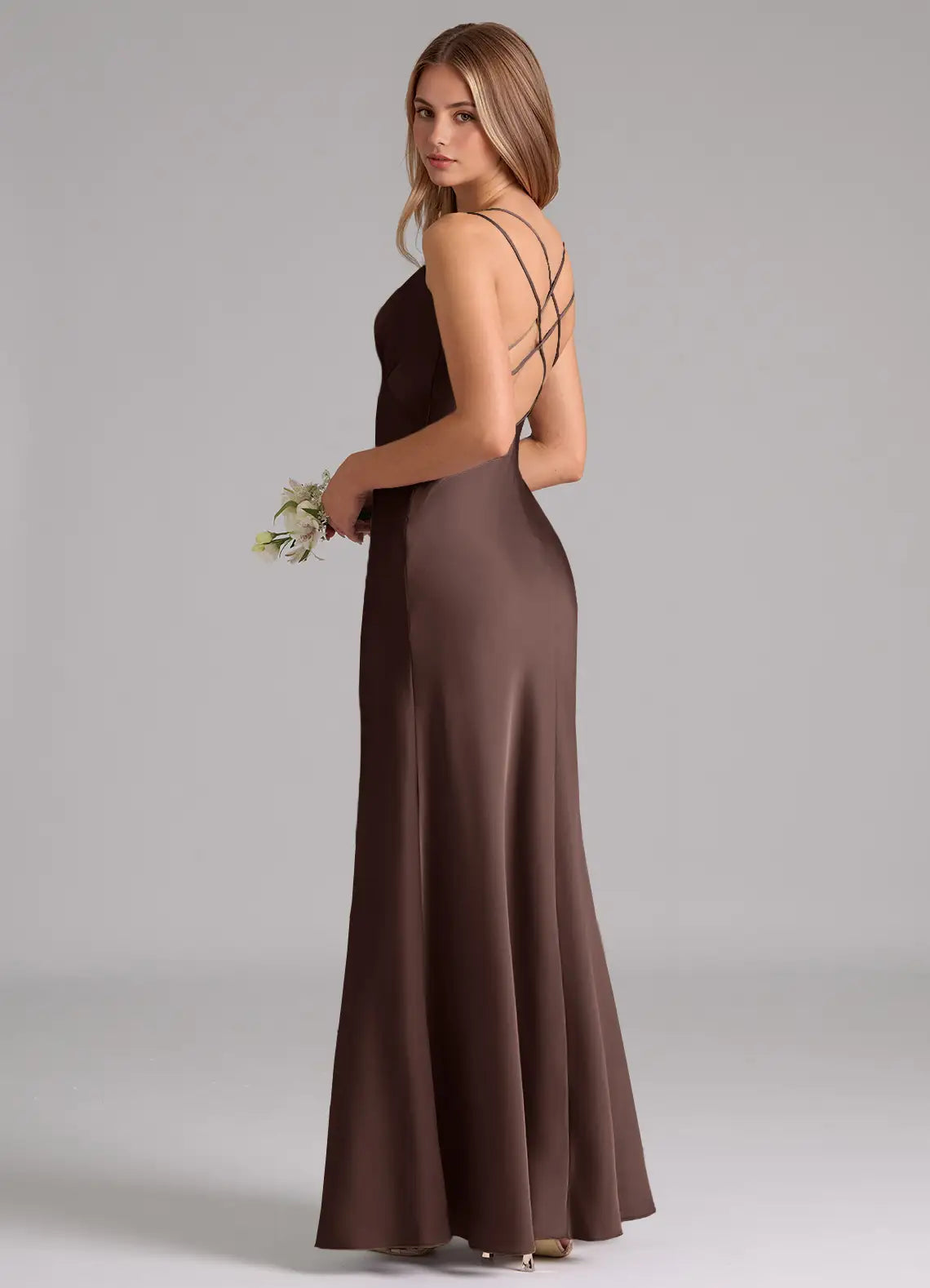 Chocolate Double Strap V Neck Criss Cross Back Mermaid Maxi Satin Bridesmaid Dress