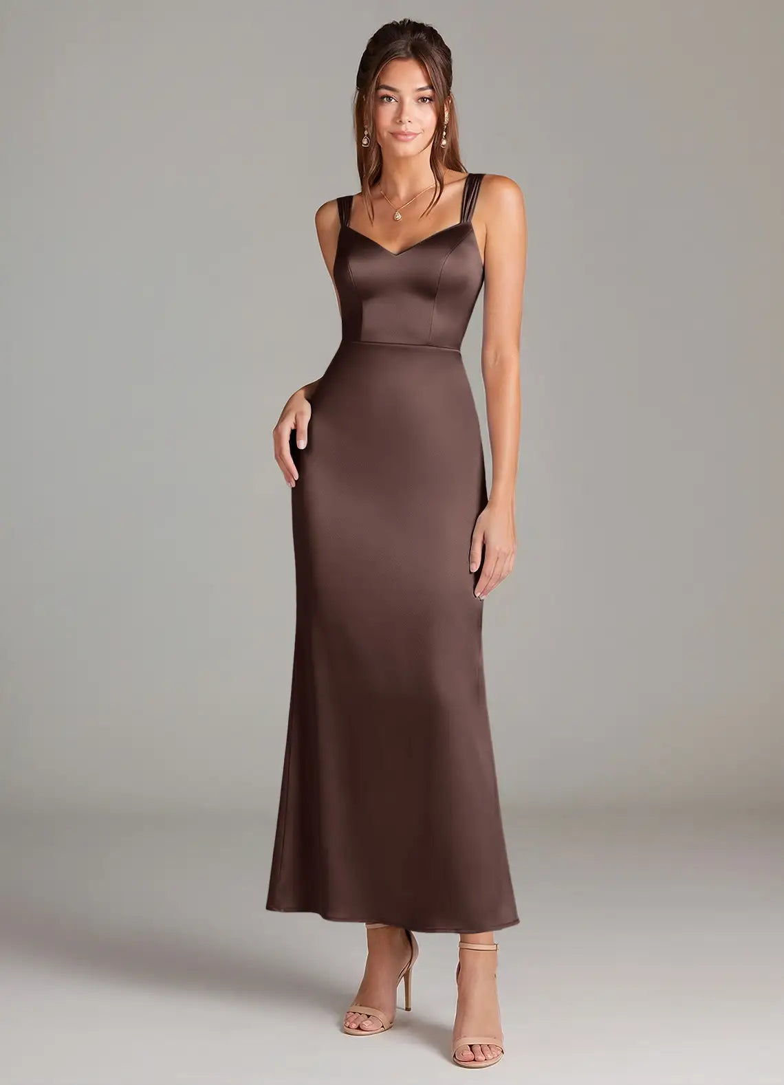 Chocolate Double Thin Strap V Neck Midi Fitted Satin Bridesmaid Dress