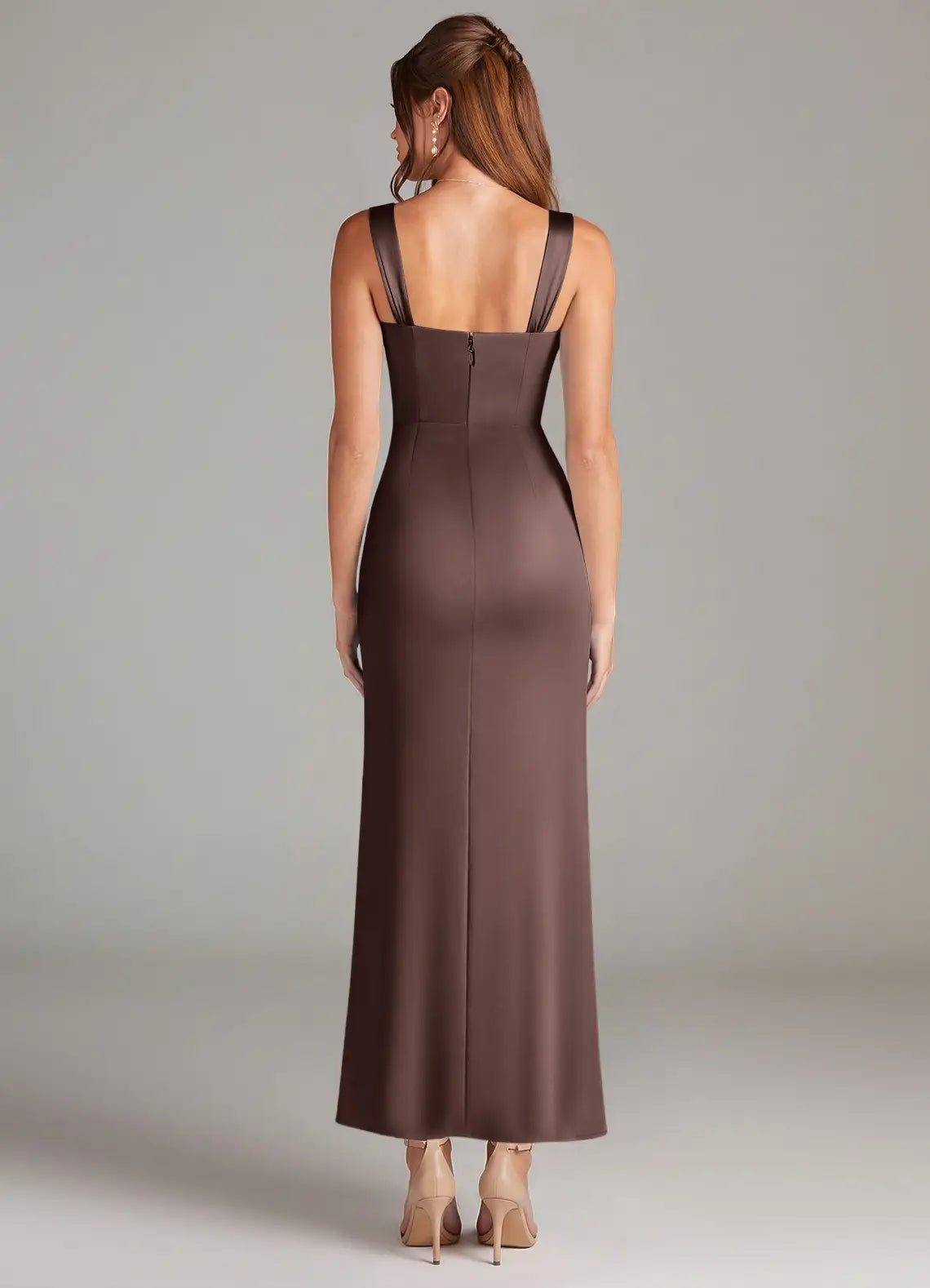 Chocolate Double Thin Strap V Neck Midi Fitted Satin Bridesmaid Dress