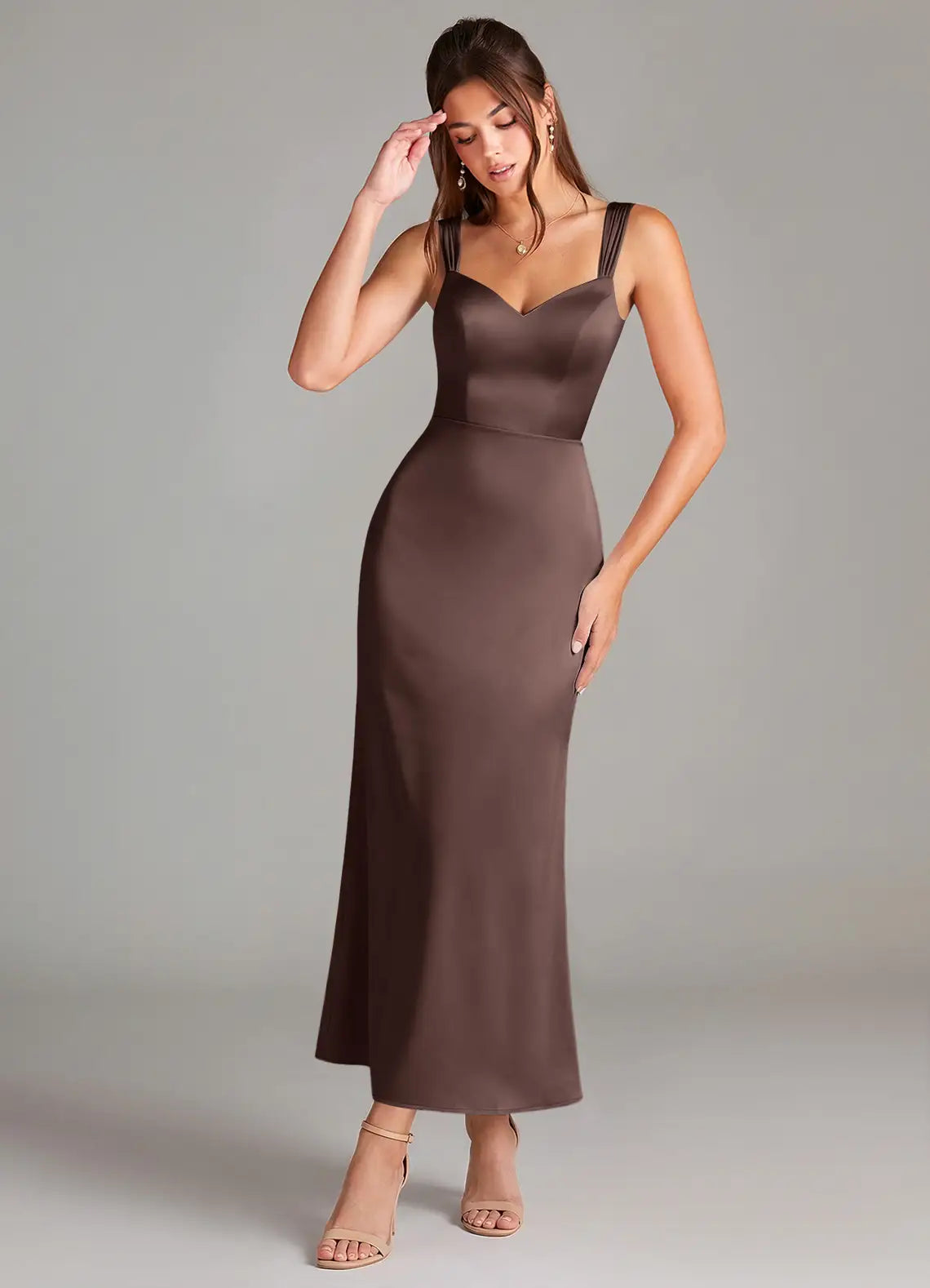 Chocolate Double Thin Strap V Neck Midi Fitted Satin Bridesmaid Dress