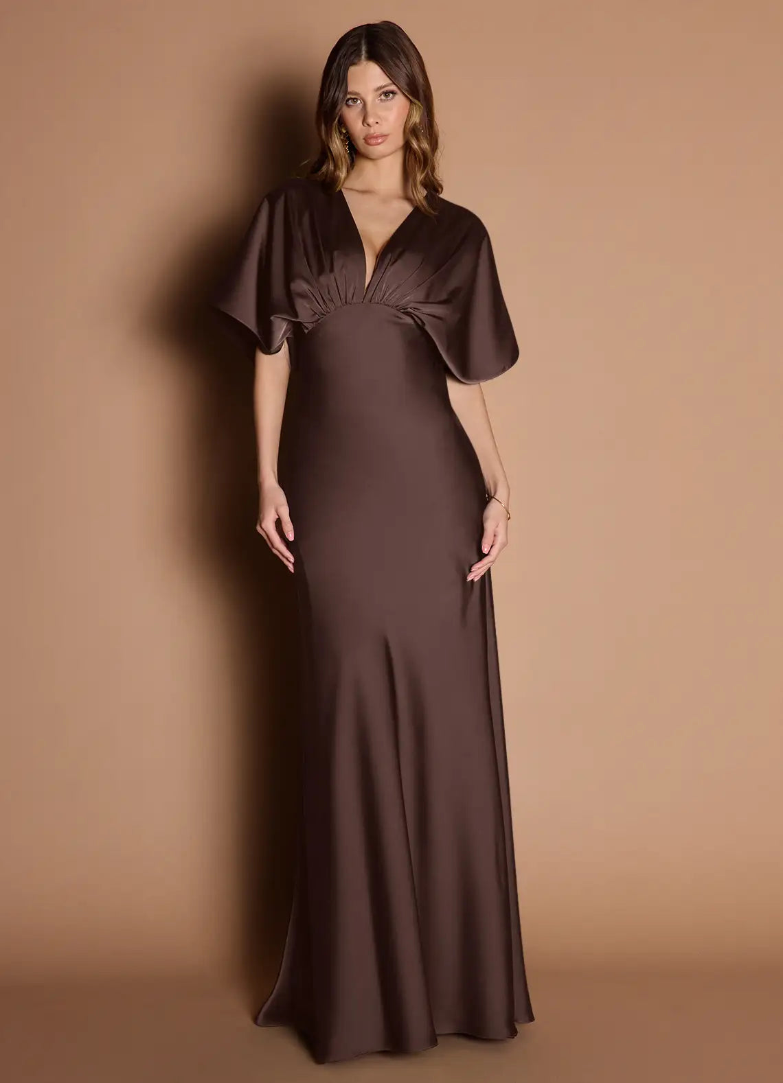 Chocolate Floor-Length Flutter Sleeve Deep V Gathered Satin Mermaid Bridesmaid Dress