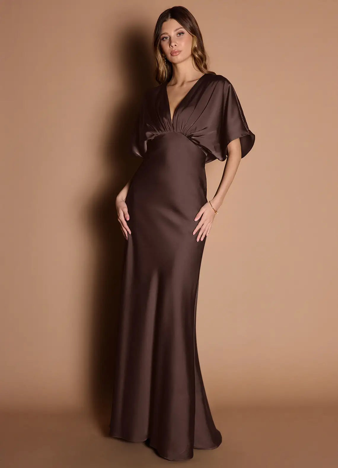 Chocolate Floor-Length Flutter Sleeve Deep V Gathered Satin Mermaid Bridesmaid Dress