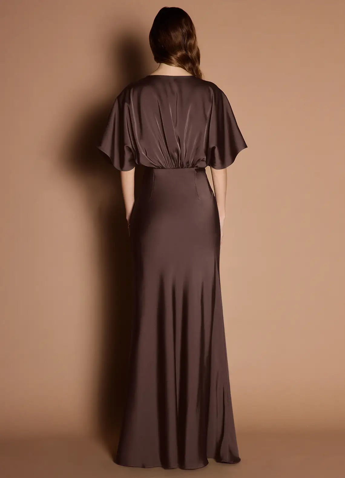 Chocolate Floor-Length Flutter Sleeve Deep V Gathered Satin Mermaid Bridesmaid Dress