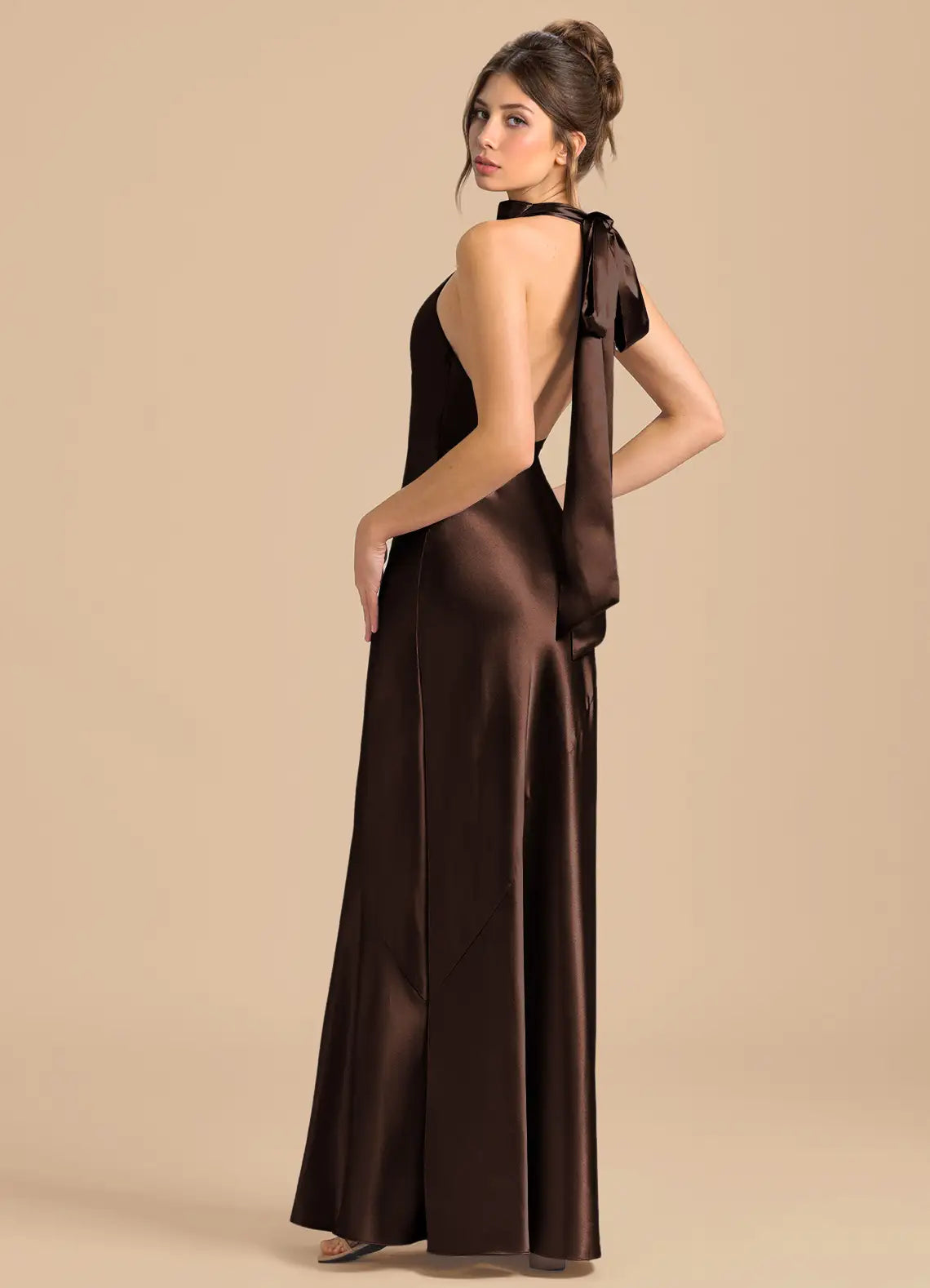 Chocolate Halter Big Bow Open Back Mermaid Satin Maxi Bridesmaid Dress