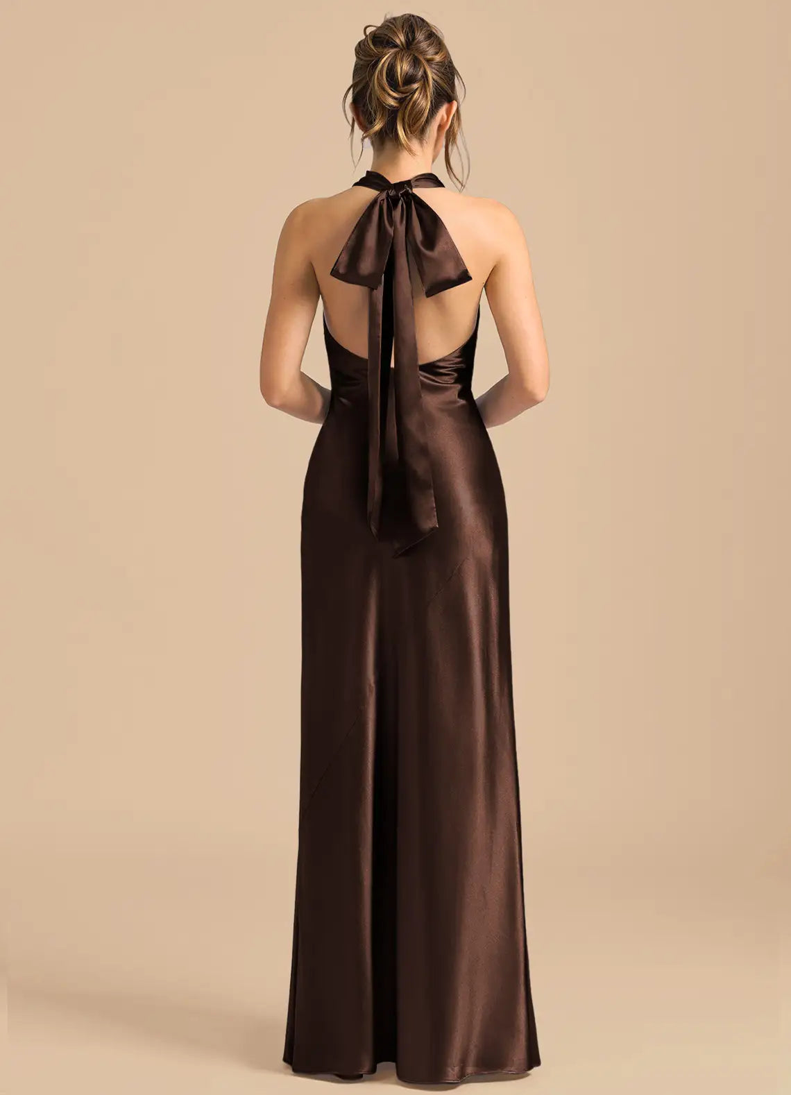 Chocolate Halter Big Bow Open Back Mermaid Satin Maxi Bridesmaid Dress