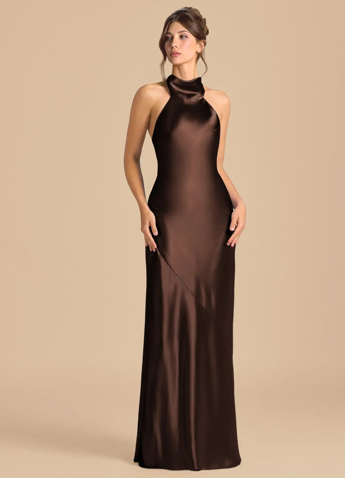 Chocolate Halter Big Bow Open Back Mermaid Satin Maxi Bridesmaid Dress