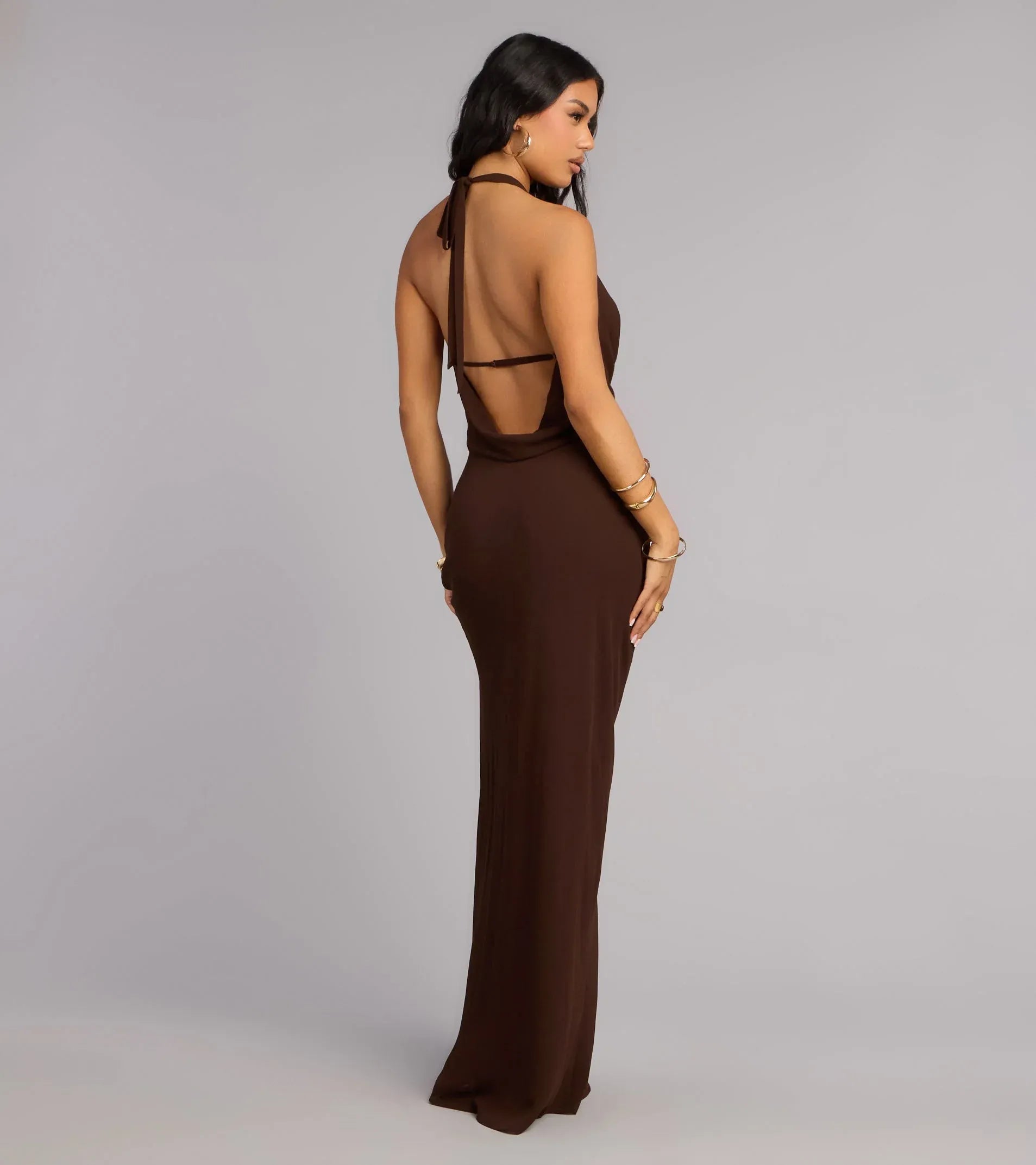 Chocolate Halter Cowl Tie Back Bodycon Mermaid Maxi Wedding Guest Dress