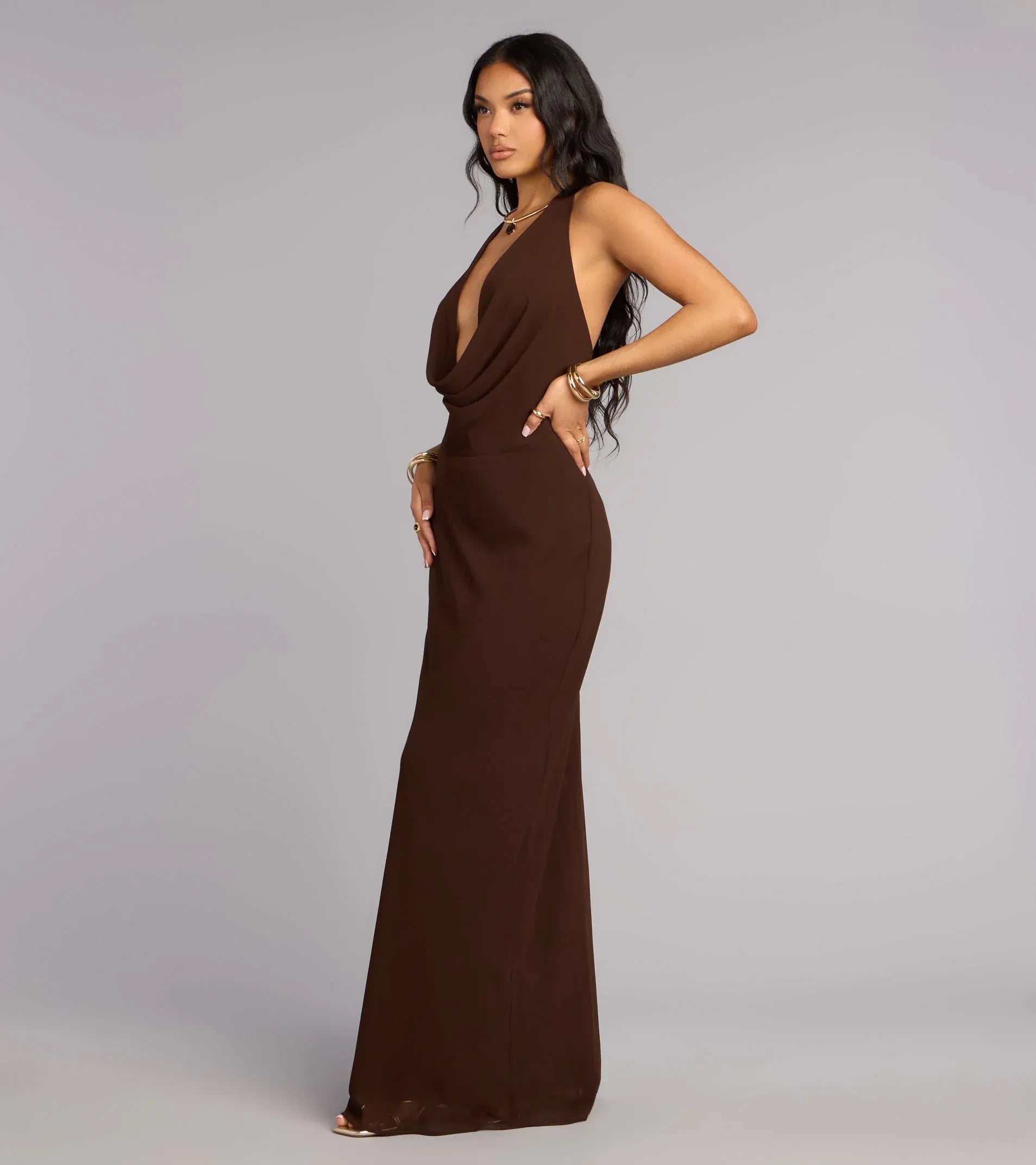 Chocolate Halter Cowl Tie Back Bodycon Mermaid Maxi Wedding Guest Dress