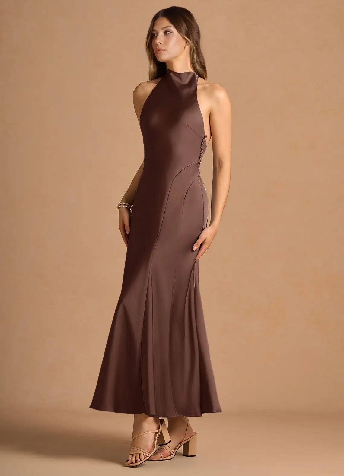 Chocolate Halter Open Back Side Button Midi Satin Wedding Guest Dress