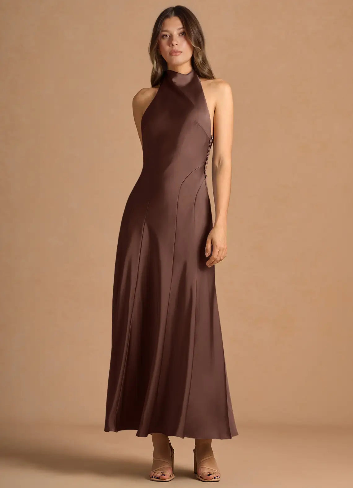 Chocolate Halter Open Back Side Button Midi Satin Wedding Guest Dress
