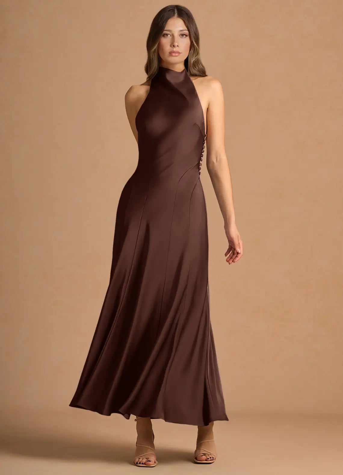 Chocolate Halter Open Back Side Button Midi Satin Wedding Guest Dress