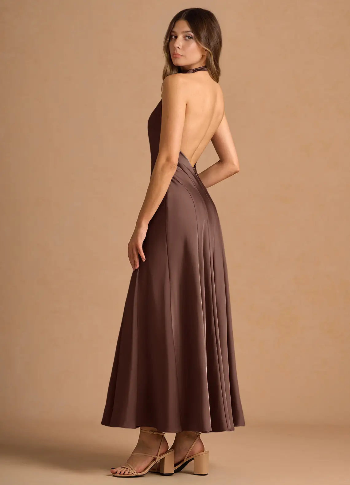 Chocolate Halter Open Back Side Button Midi Satin Wedding Guest Dress