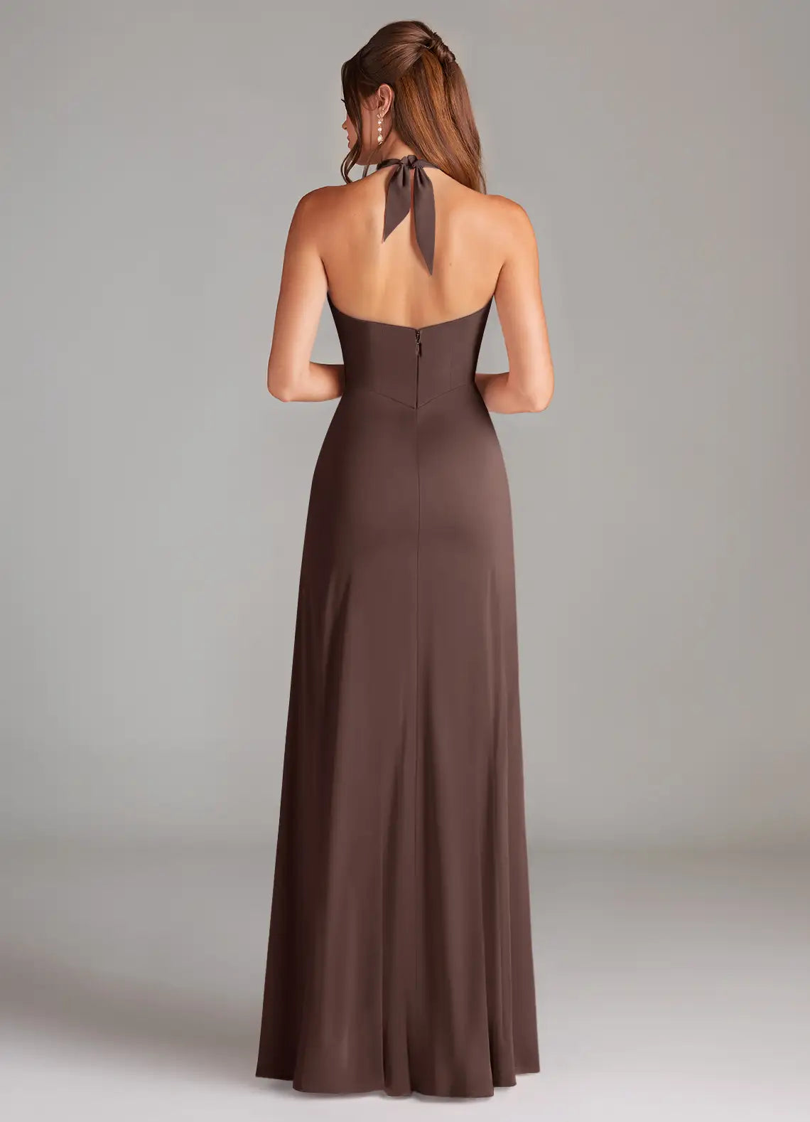 Chocolate Halter Tie Square Neck High Slit Mermaid Maxi Satin Bridesmaid Dress