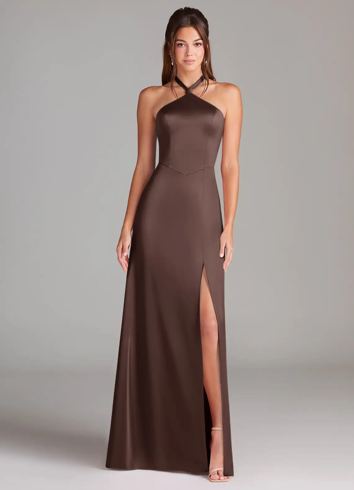 Chocolate Halter Tie Square Neck High Slit Mermaid Maxi Satin Bridesmaid Dress