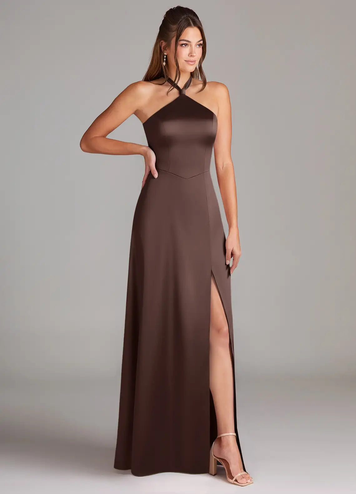 Chocolate Halter Tie Square Neck High Slit Mermaid Maxi Satin Bridesmaid Dress