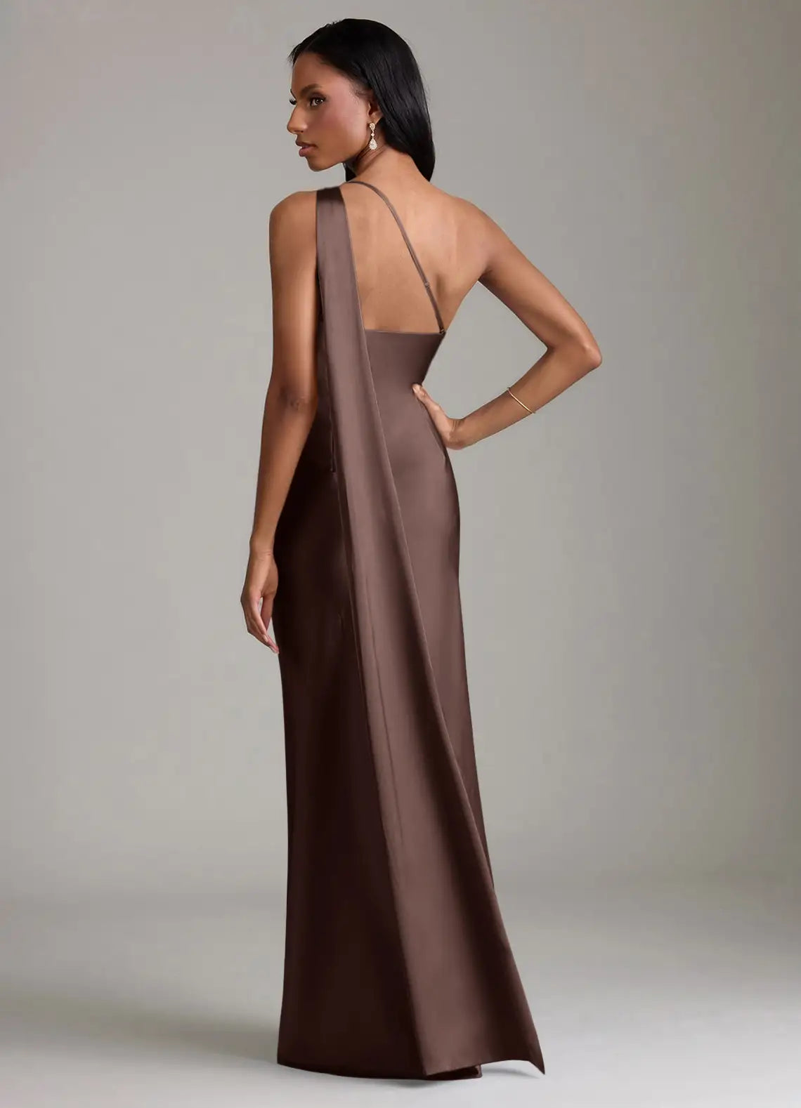 Chocolate One Shoulder Draped Sash Fitted Mermaid Maxi Satin Bridesmaid Dress