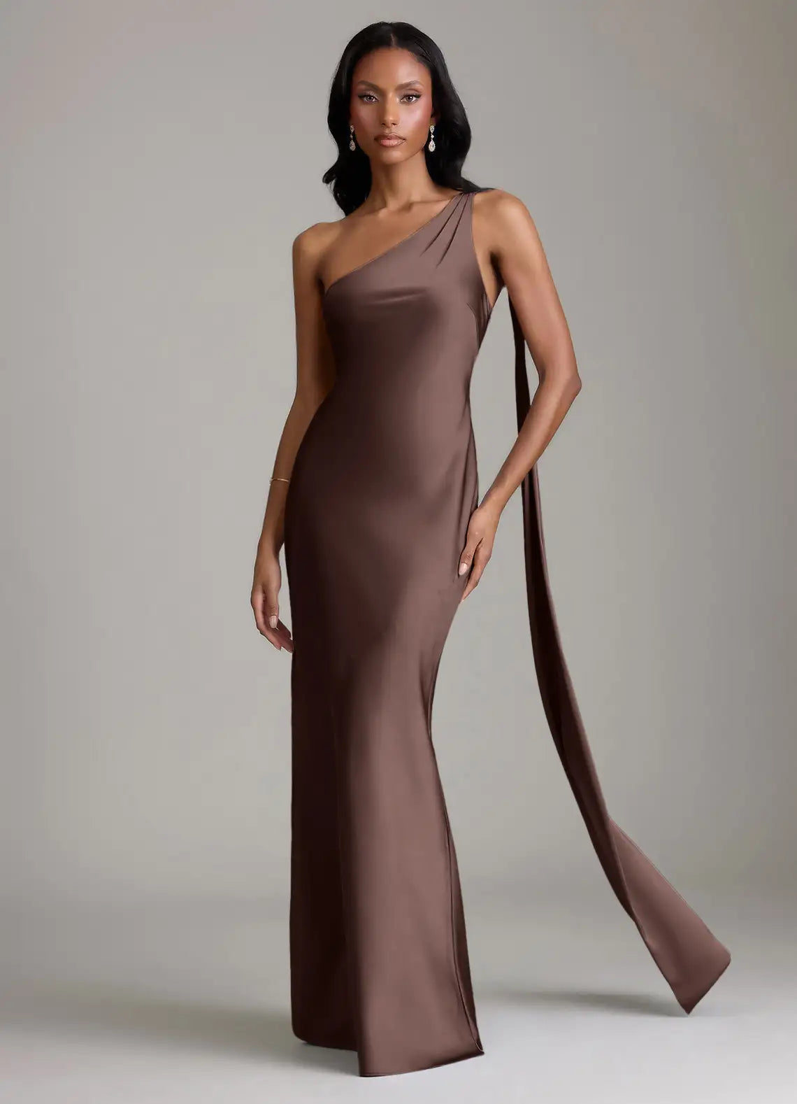 Chocolate One Shoulder Draped Sash Fitted Mermaid Maxi Satin Bridesmaid Dress