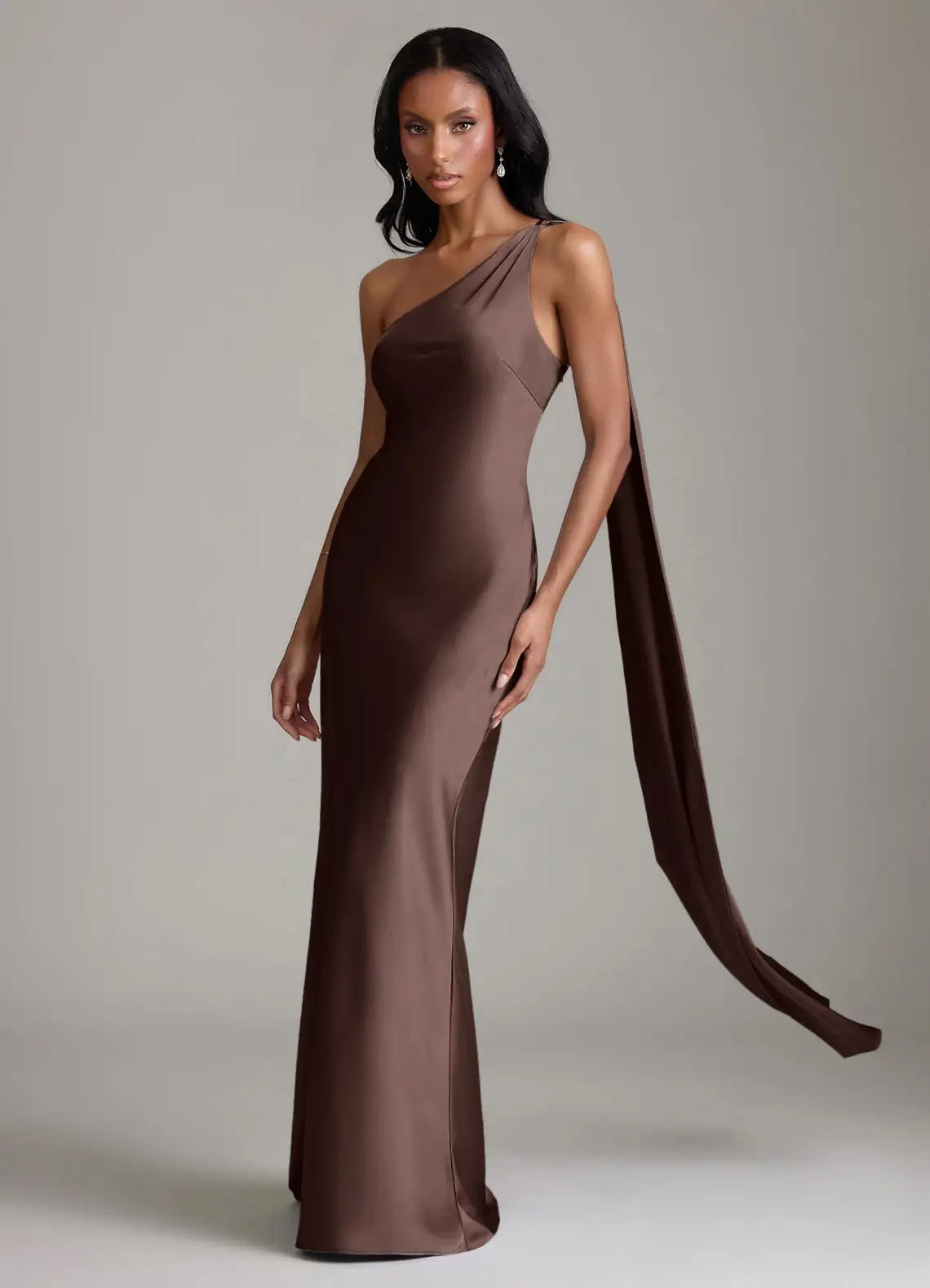 Chocolate One Shoulder Draped Sash Fitted Mermaid Maxi Satin Bridesmaid Dress