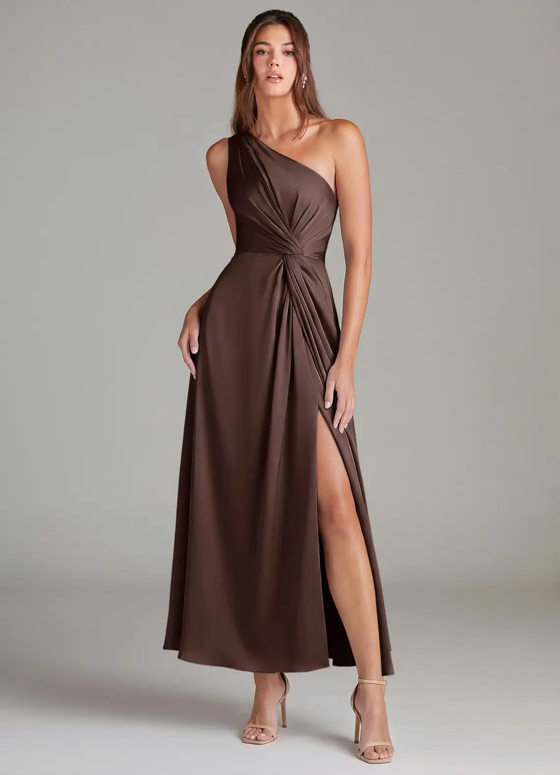 Chocolate One Shoulder Twist Ruched High Slit Midi Satin Bridesmaid Dress