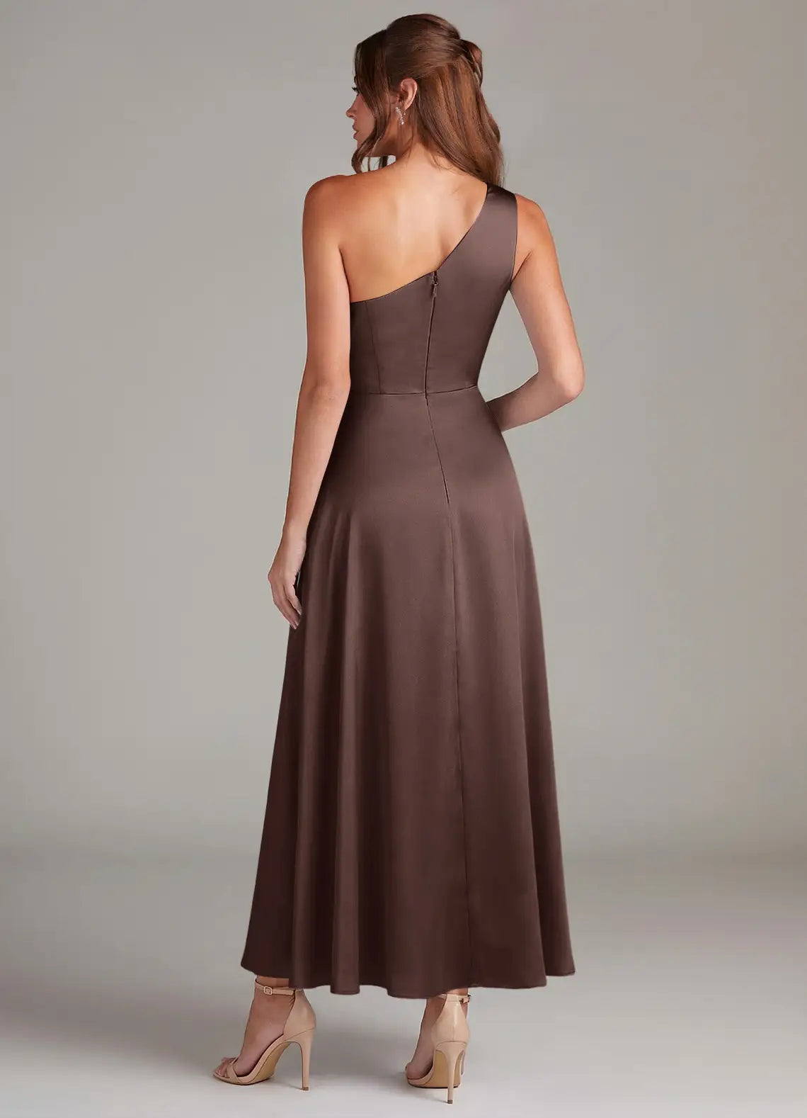 Chocolate One Shoulder Twist Ruched High Slit Midi Satin Bridesmaid Dress