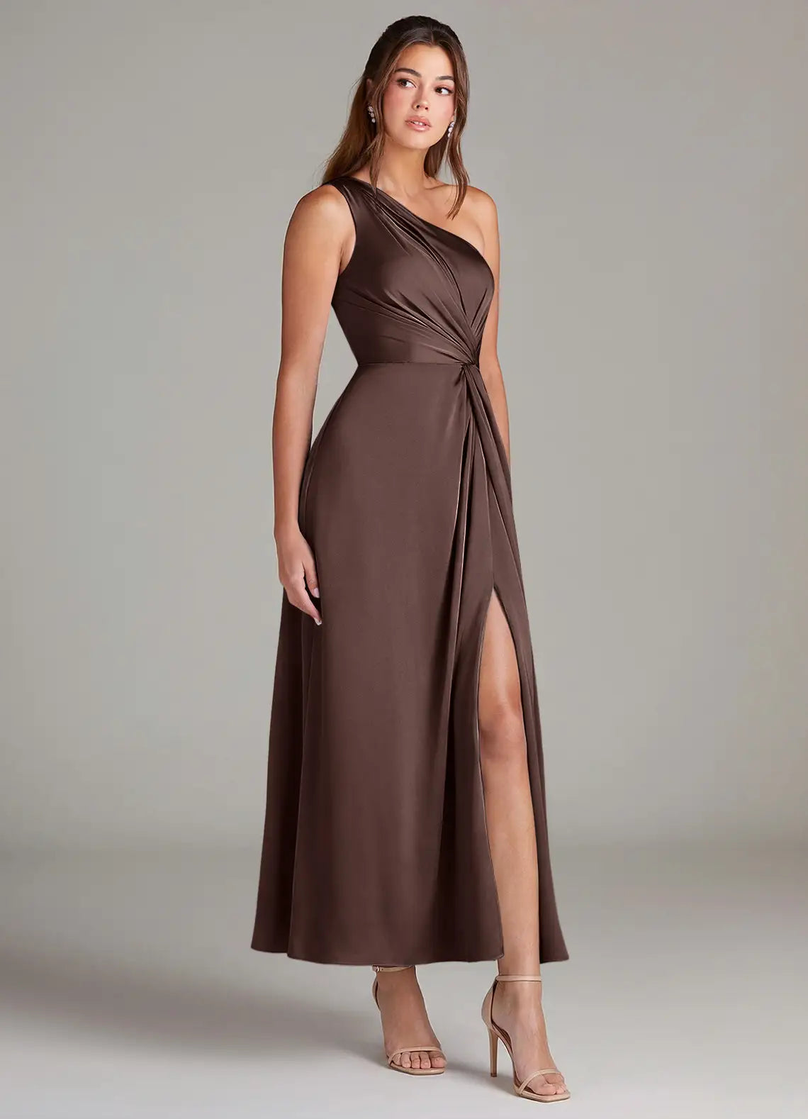 Chocolate One Shoulder Twist Ruched High Slit Midi Satin Bridesmaid Dress