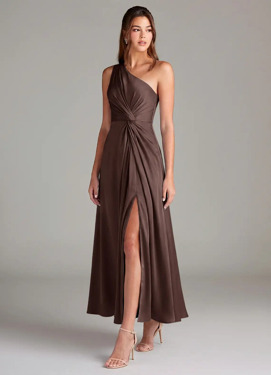 Chocolate One Shoulder Twist Ruched High Slit Midi Satin Bridesmaid Dress