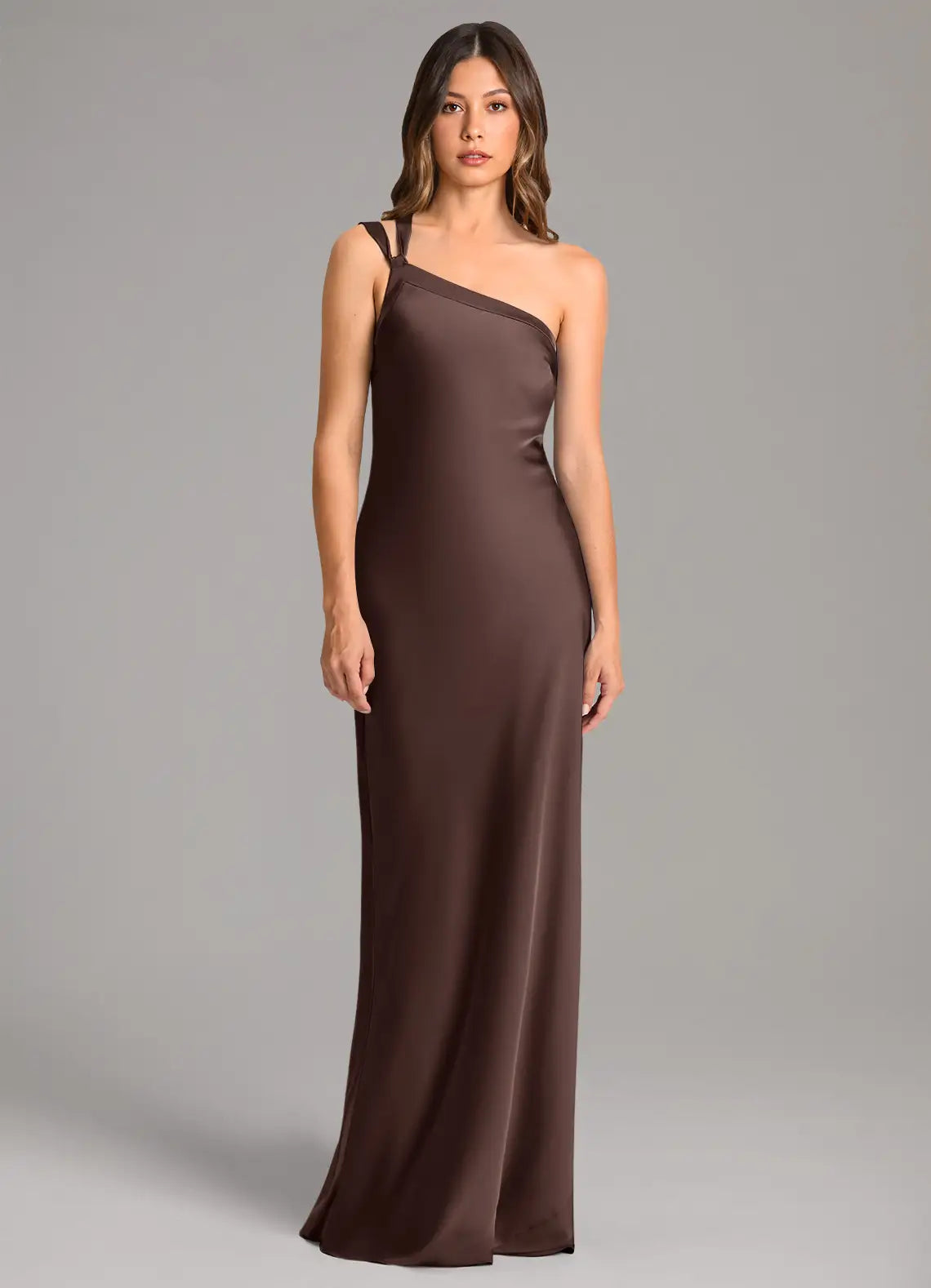 Chocolate One Strap Crisscross Back Tie Mermaid Maxi Satin Bridesmaid Dress