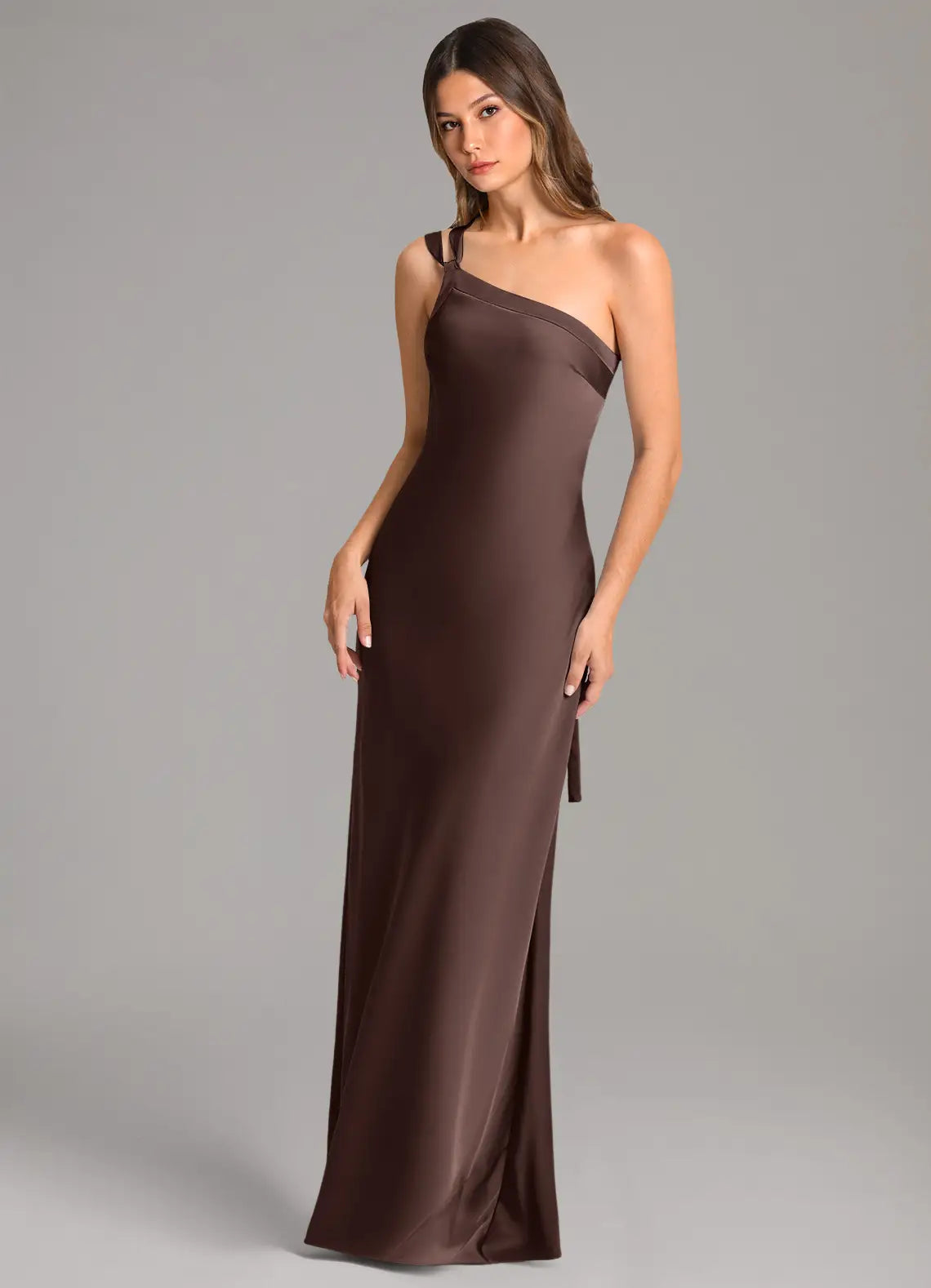 Chocolate One Strap Crisscross Back Tie Mermaid Maxi Satin Bridesmaid Dress