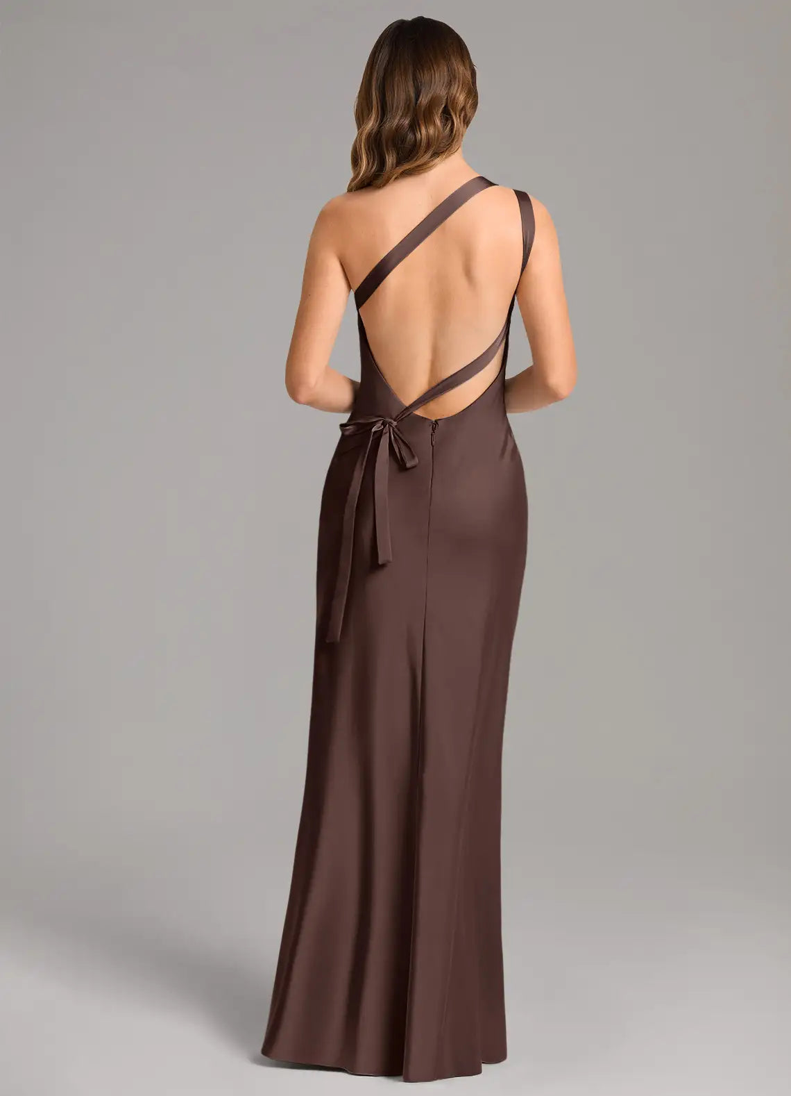 Chocolate One Strap Crisscross Back Tie Mermaid Maxi Satin Bridesmaid Dress