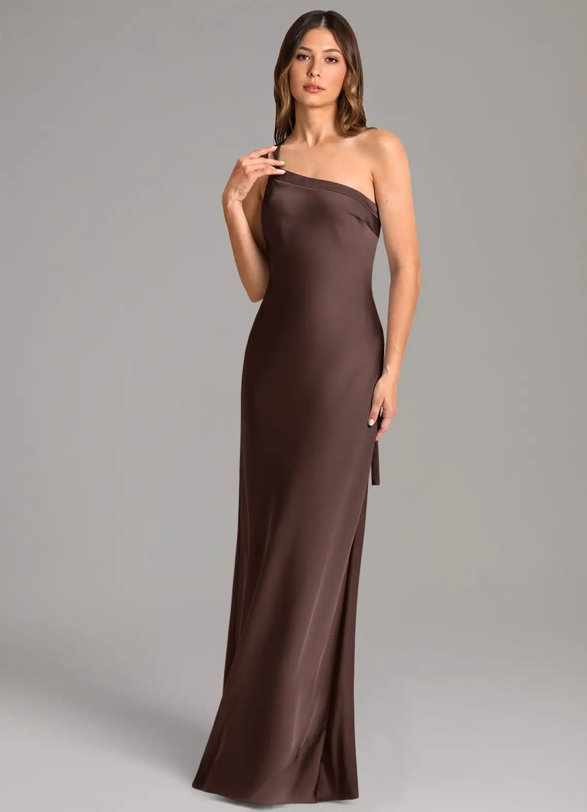 Chocolate One Strap Crisscross Back Tie Mermaid Maxi Satin Bridesmaid Dress