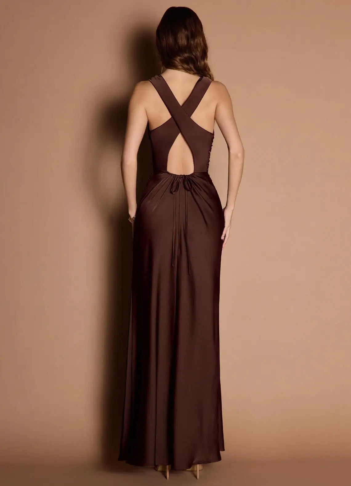 Chocolate Sleeveless Cowl Cross Back Tie Mermaid Maxi Satin Wedding Guest Dress
