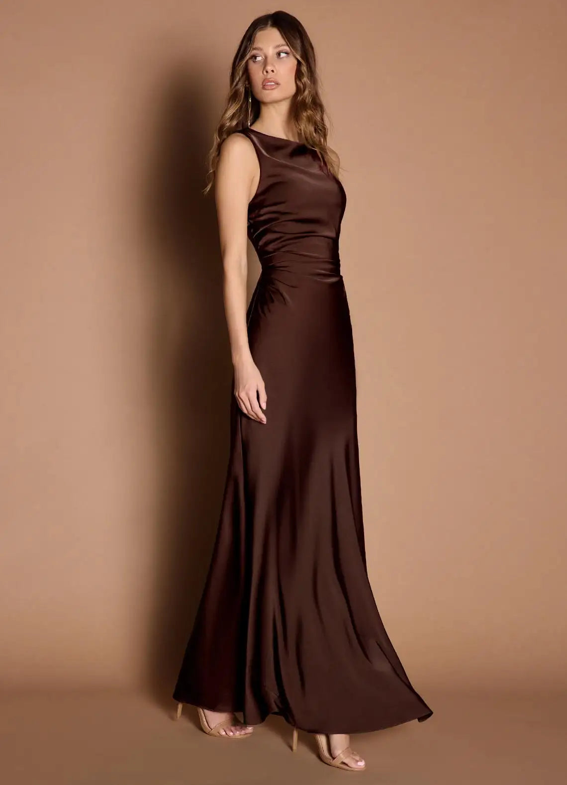 Chocolate Sleeveless Cowl Cross Back Tie Mermaid Maxi Satin Wedding Guest Dress