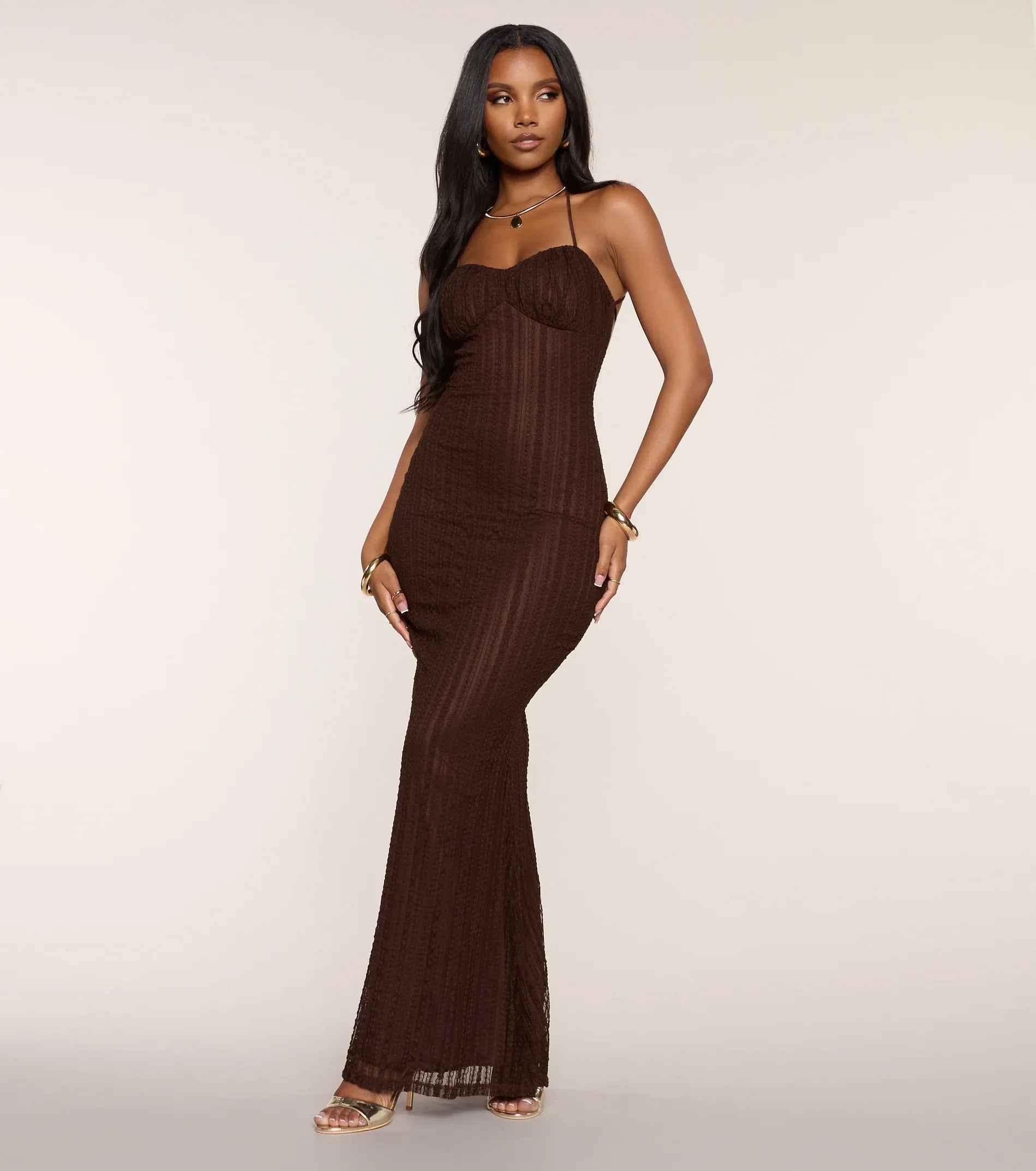Chocolate Spaghetti Strap Sweetheart Tie-Back Mesh Mermaid Maxi Wedding Guest Dresses