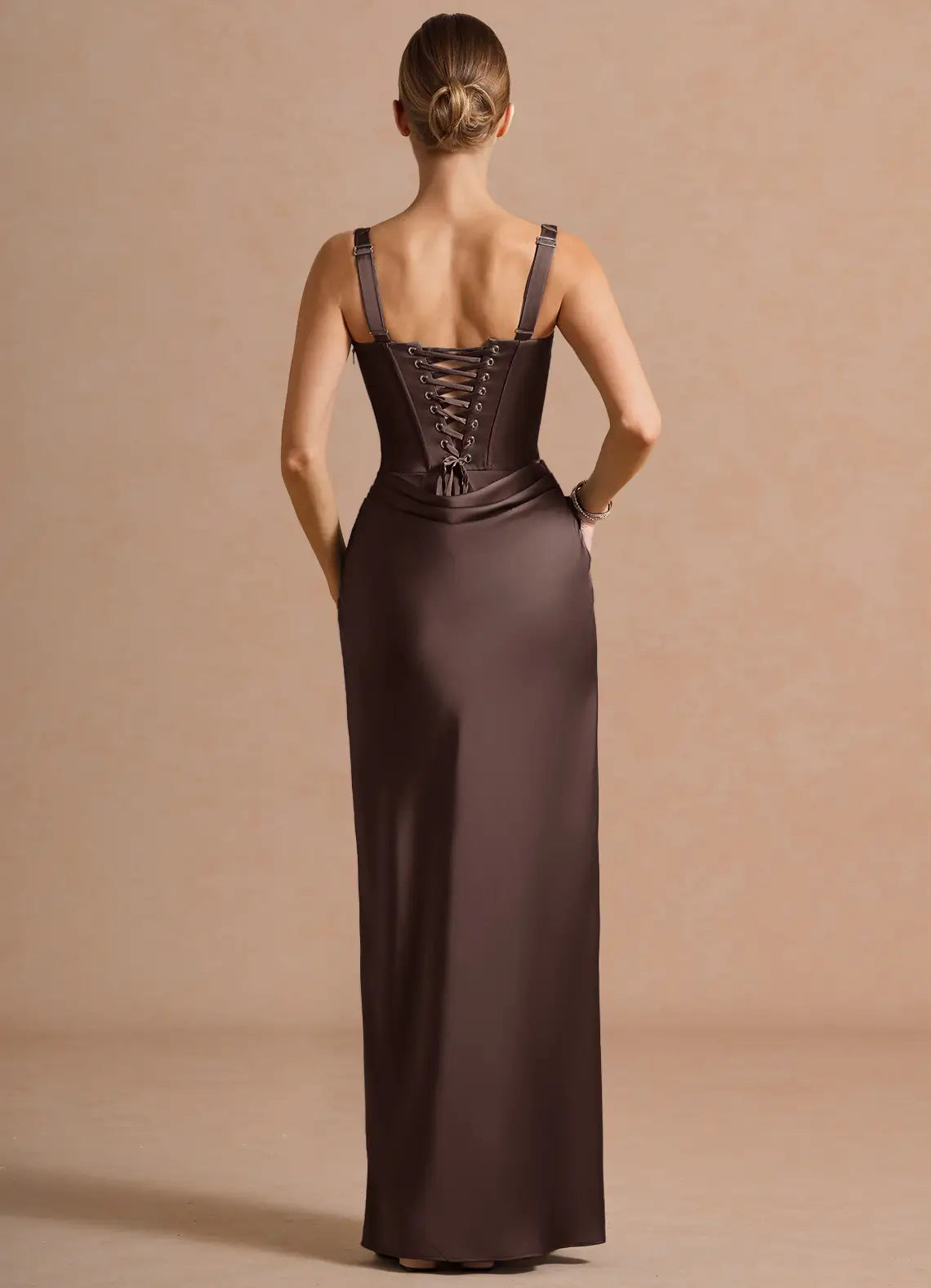 Chocolate Square Neck Boned Corset Ruched Waist High Slit Satin Midi Maxi Bridesmaid Dress