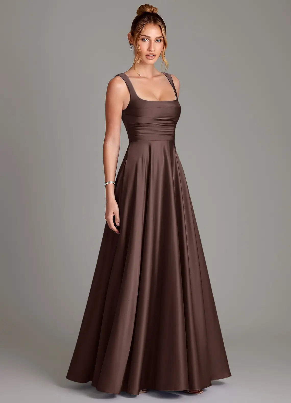 Chocolate Square Wide Strap Ruched Corset Lace Up A-Line Satin Maxi Bridesmaid Dress