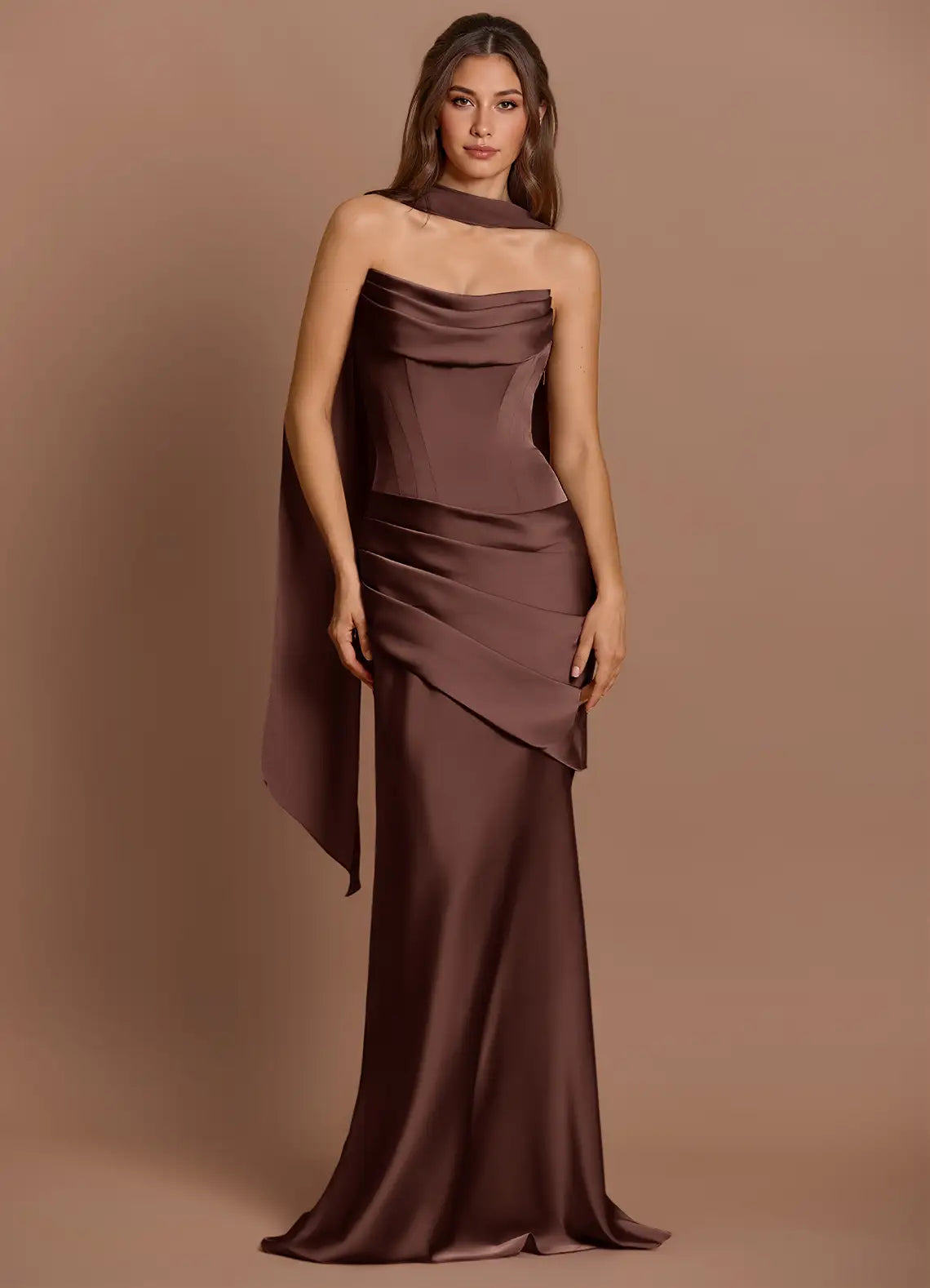 Chocolate Strapless Draped Corset Scarf Strap Mermaid Maxi Satin Wedding Guest Dress