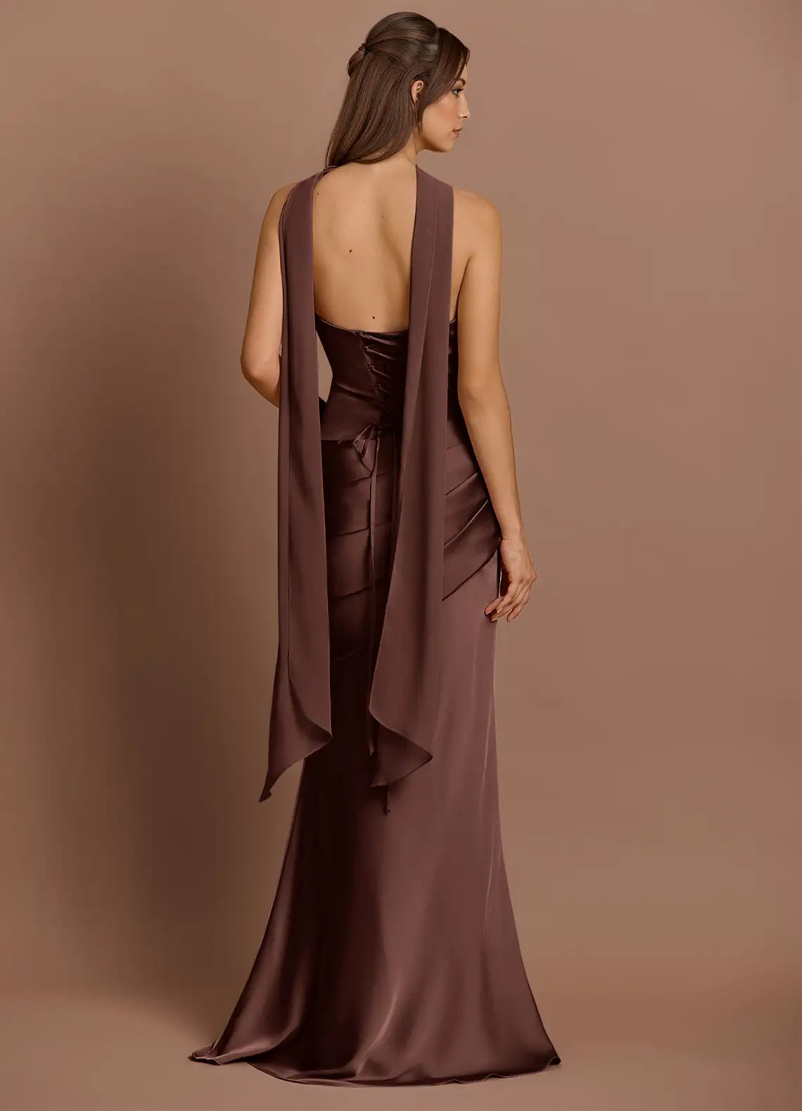 Chocolate Strapless Draped Corset Scarf Strap Mermaid Maxi Satin Wedding Guest Dress