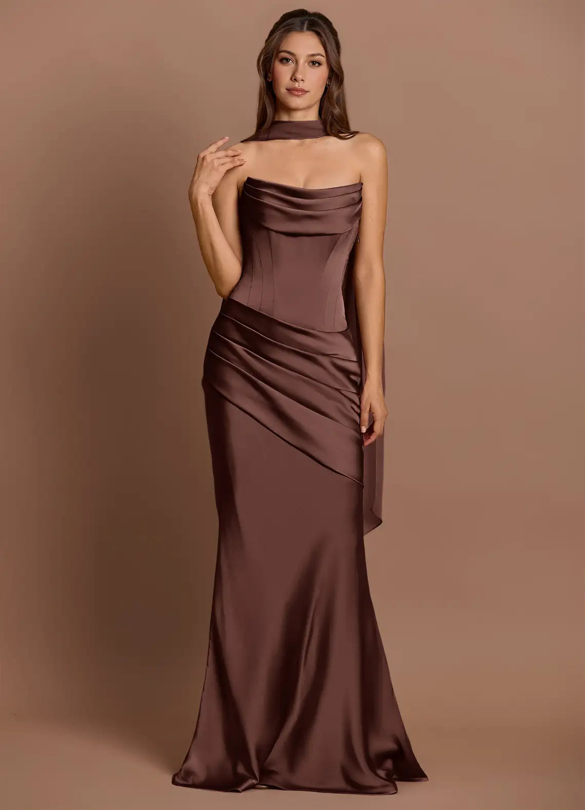 Chocolate Strapless Draped Corset Scarf Strap Mermaid Maxi Satin Wedding Guest Dress