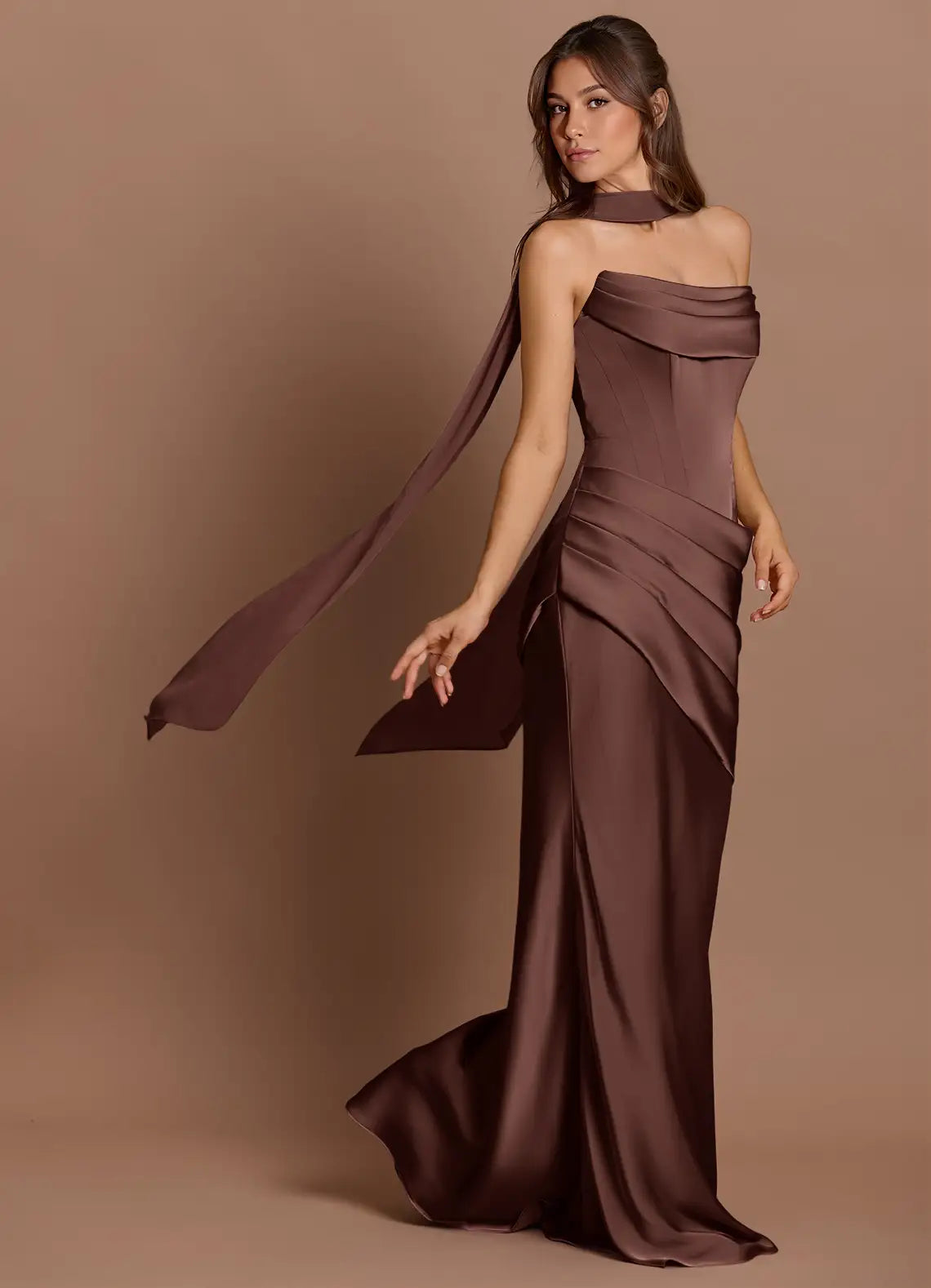 Chocolate Strapless Draped Corset Scarf Strap Mermaid Maxi Satin Wedding Guest Dress