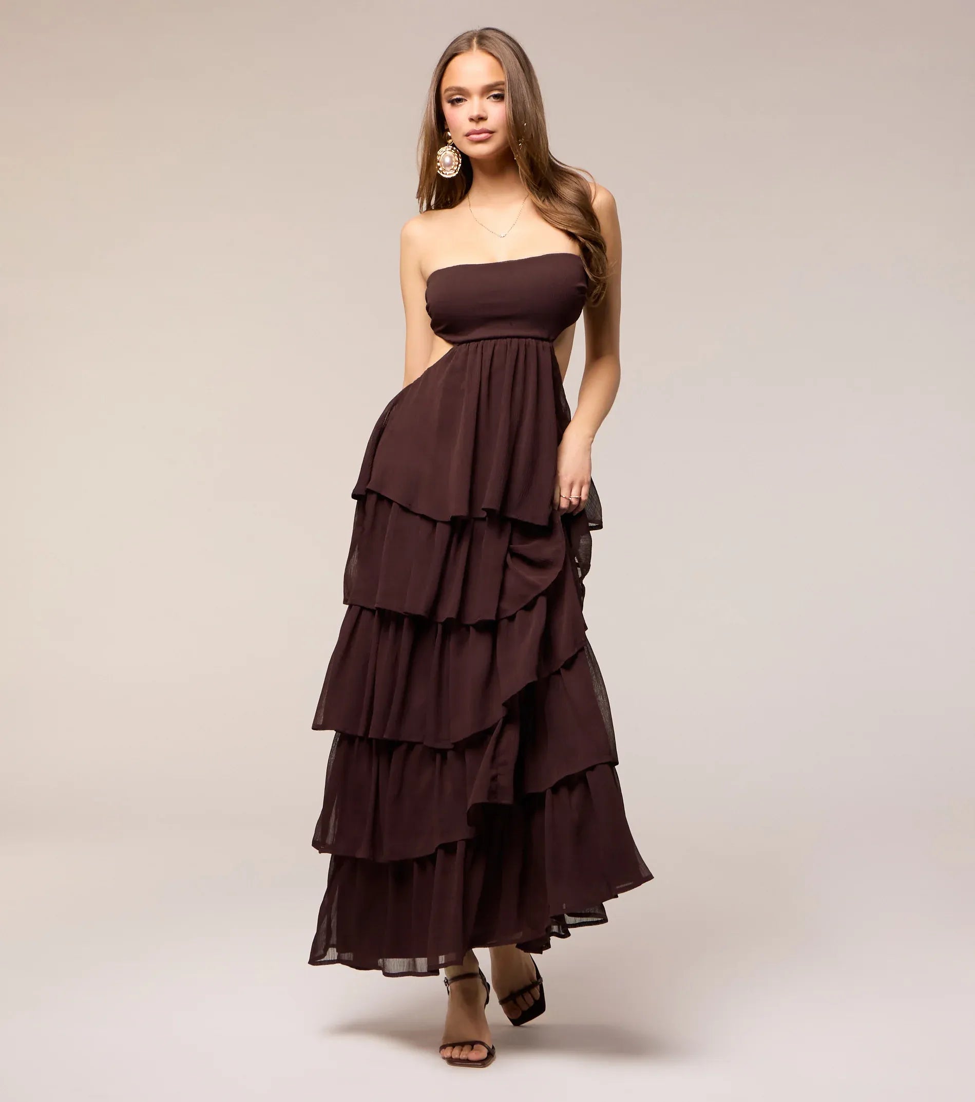 Chocolate Strapless Side Cutout Tiered Ruffle Chiffon Maxi Wedding Guest Dress