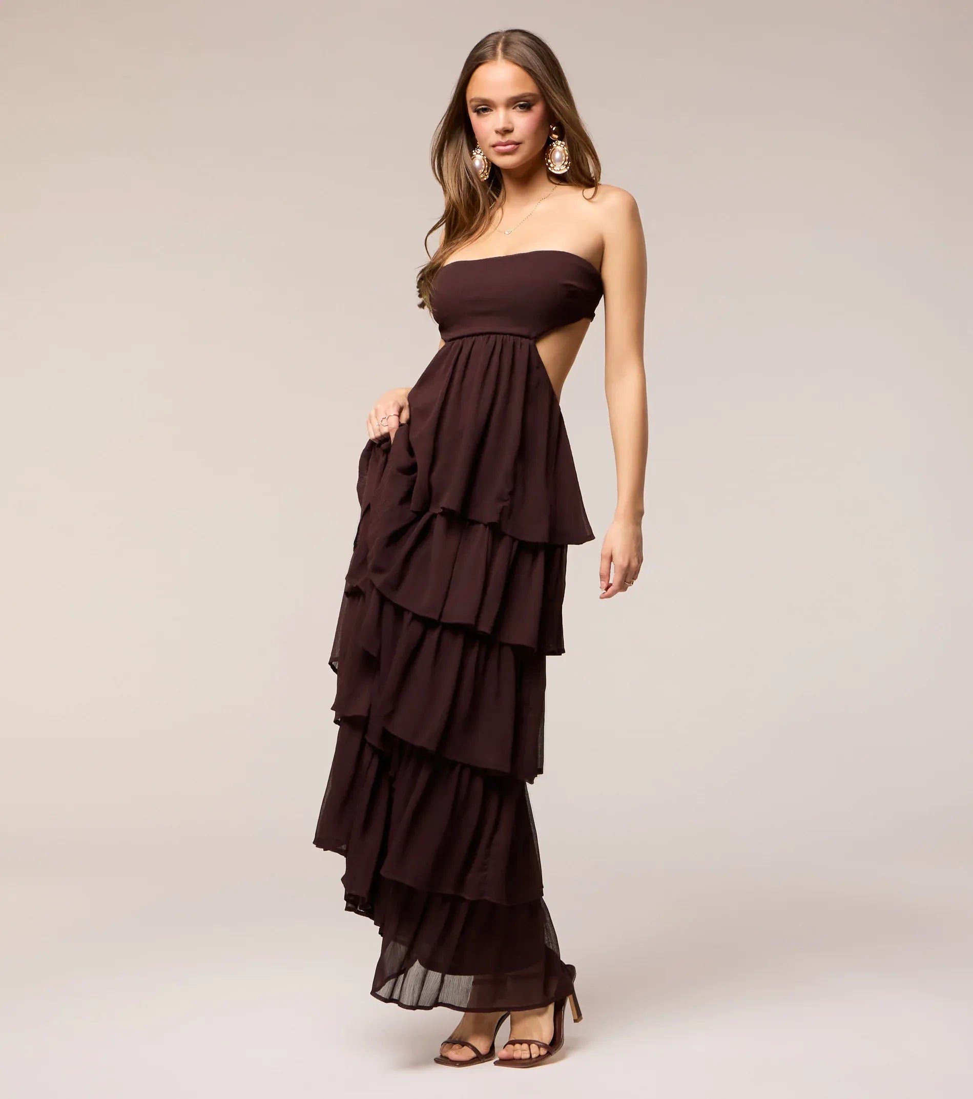 Chocolate Strapless Side Cutout Tiered Ruffle Chiffon Maxi Wedding Guest Dress
