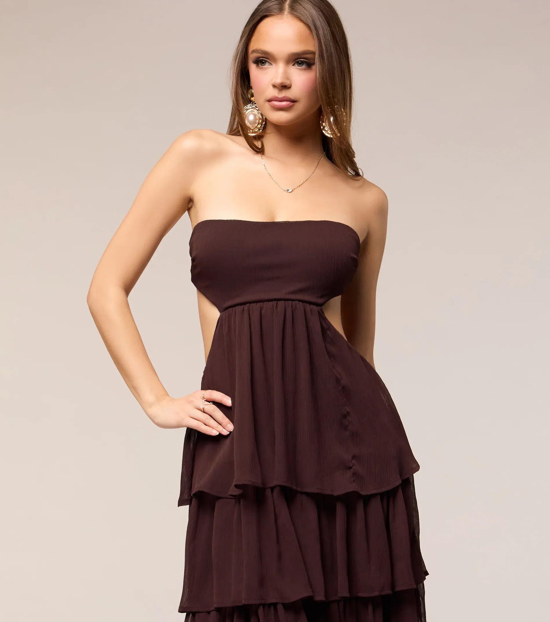 Chocolate Strapless Side Cutout Tiered Ruffle Chiffon Maxi Wedding Guest Dress
