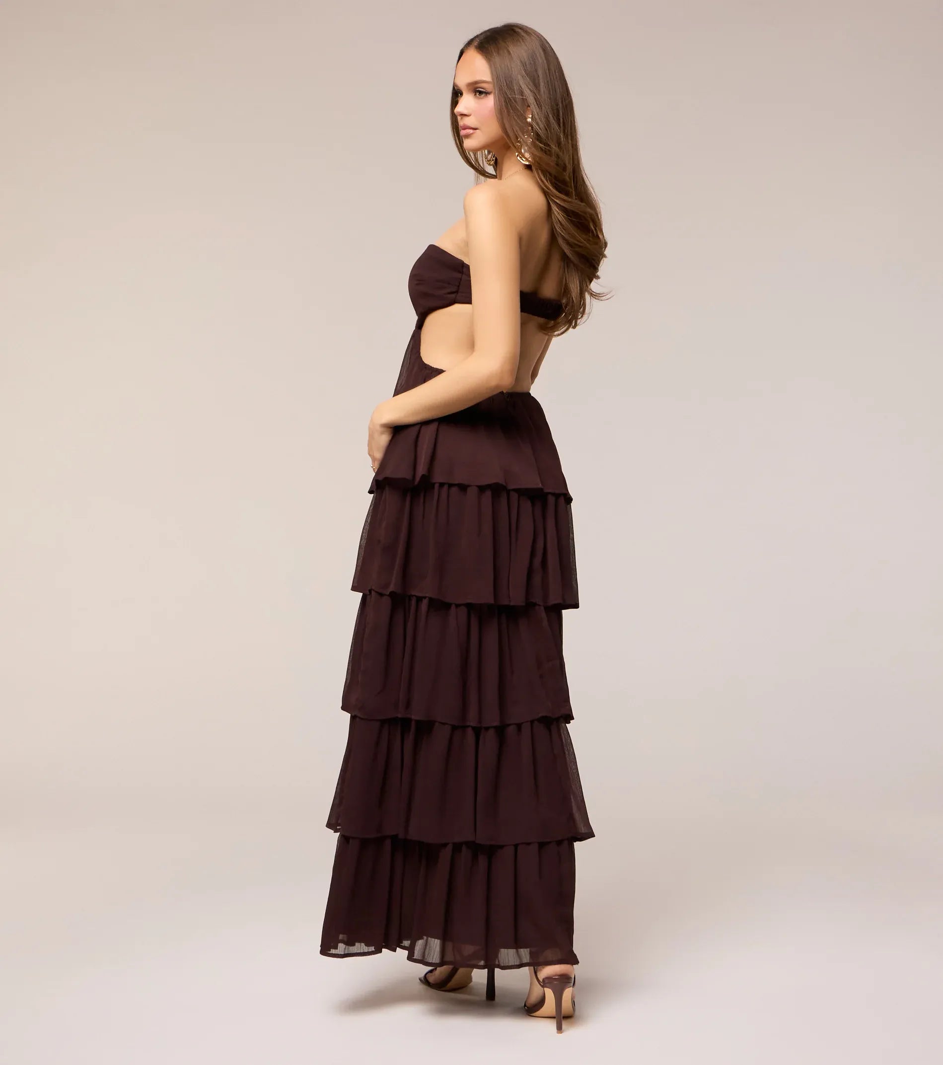 Chocolate Strapless Side Cutout Tiered Ruffle Chiffon Maxi Wedding Guest Dress