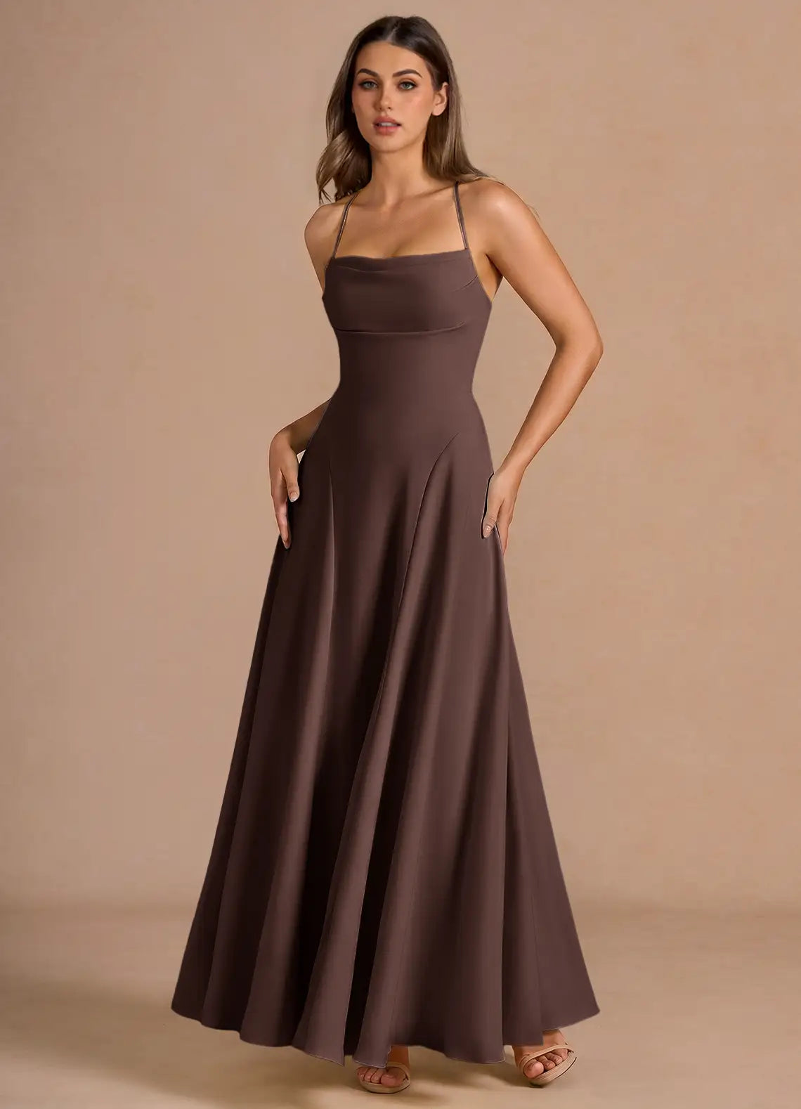Chocolate Thin Spaghetti Strap Cowl Cross Lace Up Pocket Satin Maxi Bridesmaid Dress