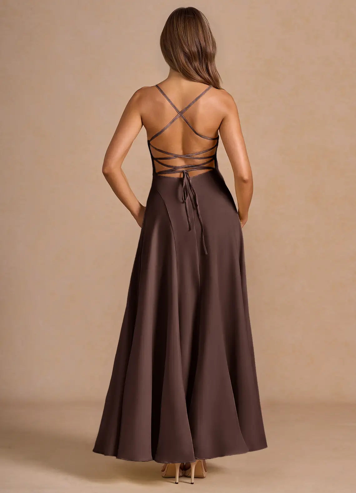 Chocolate Thin Spaghetti Strap Cowl Cross Lace Up Pocket Satin Maxi Bridesmaid Dress