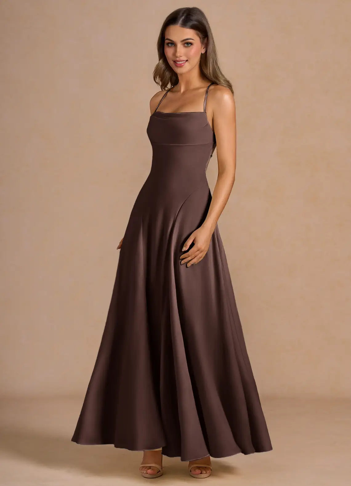 Chocolate Thin Spaghetti Strap Cowl Cross Lace Up Pocket Satin Maxi Bridesmaid Dress